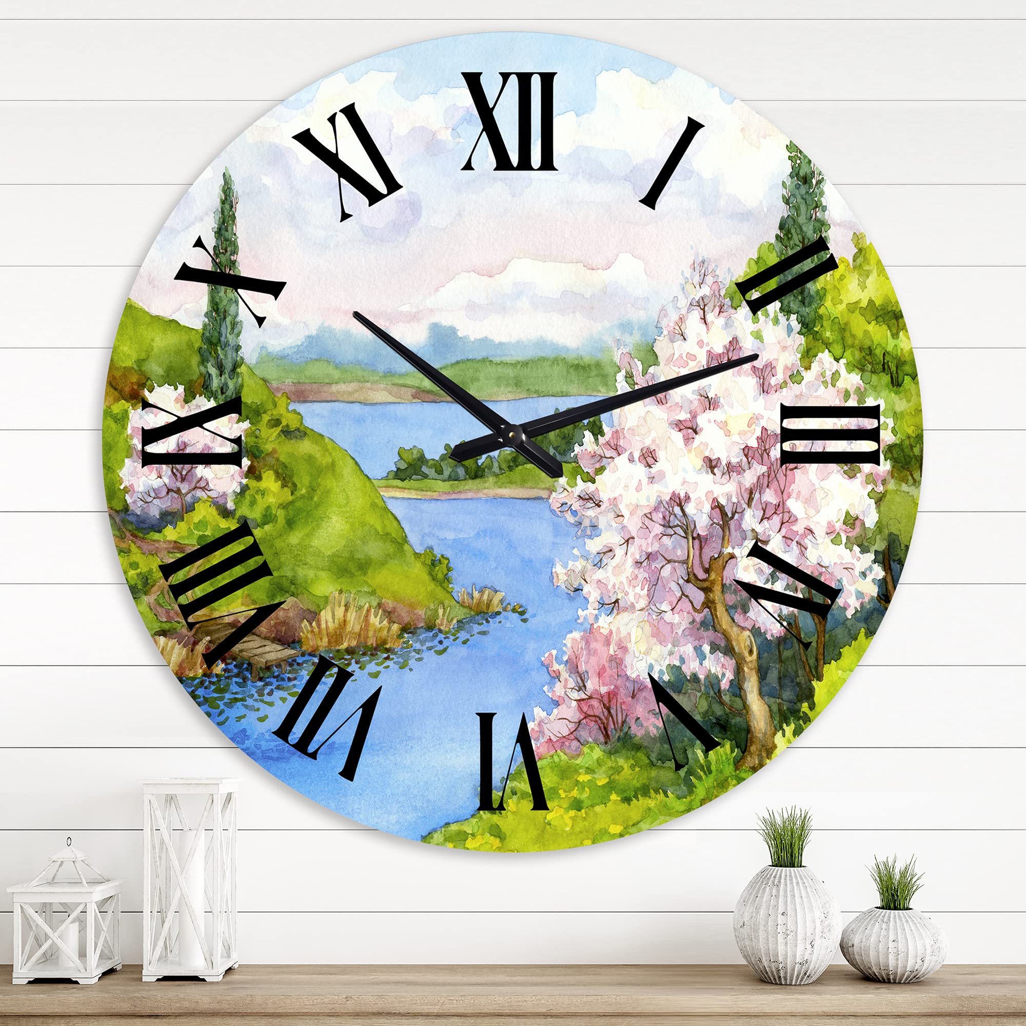 DesignQ Traditional Wall Clock 'Spring Landscape Under A Bright Blue Sky' - Large Nature-Themed Wall Clock for Kitchen, Living Room & Office Decor - Perfect for Home, Office & Gift Giving