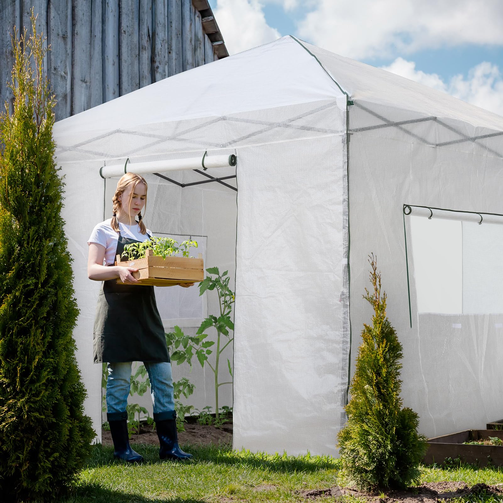 EAGLE PEAK 10x10 Portable Walk-in Greenhouse for Indoor Outdoor Gardening - Pop Up Plant Greenhouse with Zippered Doors & Windows, PE Cover in White - Perfect for Backyard, Patio & Home Garden Protection
