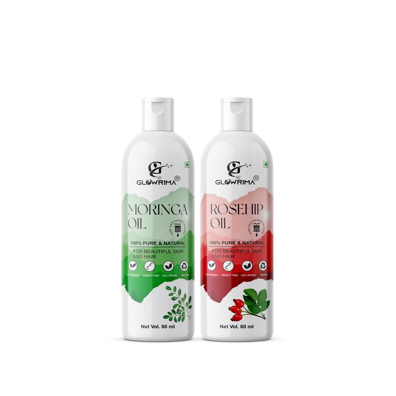 Glowrima 100% Pure Moringa Oil & Rosehip Oil Combo (60ML Each) - Promotes Hair Growth, Reduces Hair Fall, Repairs Split Ends for Soft & Shiny Hair - Natural Hair Care Solution for Dry/Damaged Hair - Perfect for Daily Scalp Massage & Overnight Hair Treatment