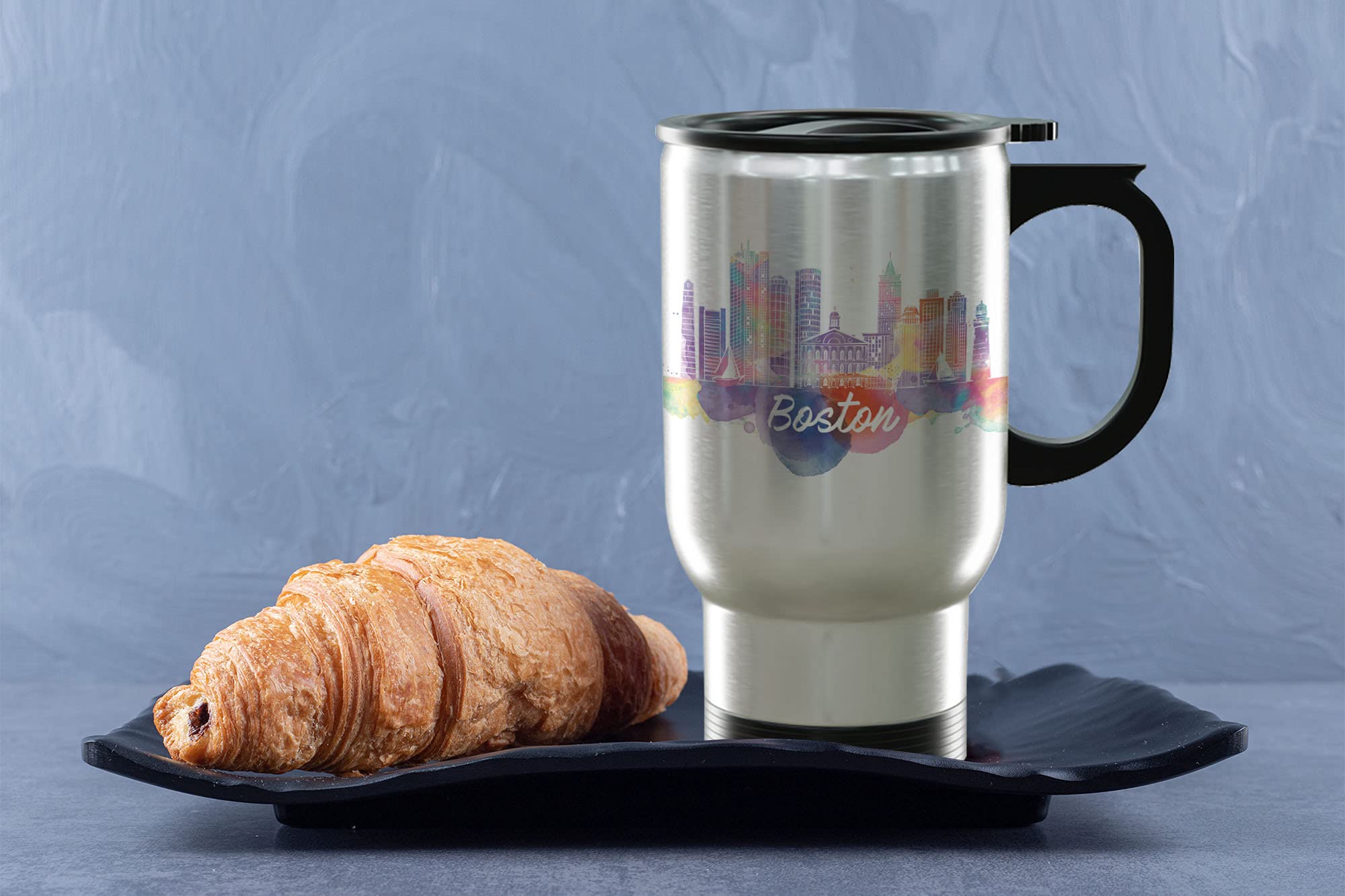 TJ Originals - Boston Massachusetts Stainless Steel Travel Mug 14oz, Insulated Coffee Tumbler with Handle & Skyline Design, Perfect Souvenir Gift for Tourists & Locals - Ideal for Commuting, Travel, Office & Outdoor Adventures