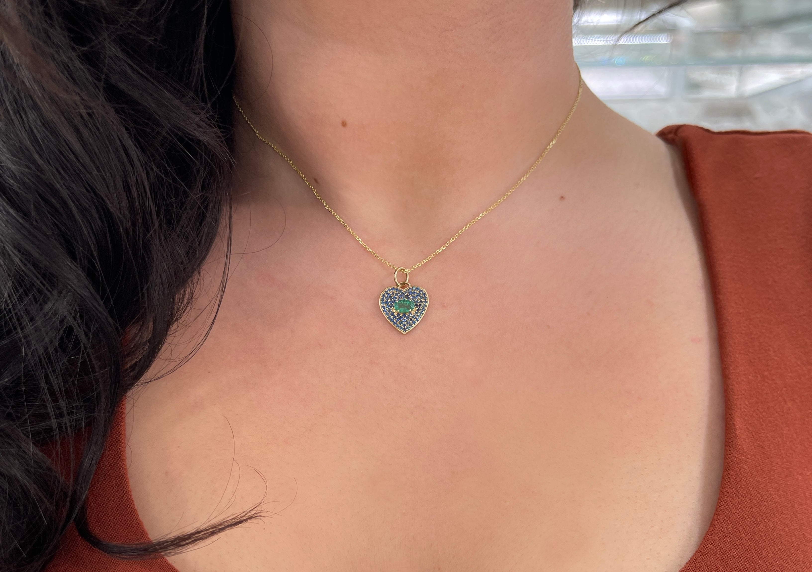 1.10tcw Genuine Emerald & Blue Sapphire Heart Charm Pendant in 14K Gold - Perfect for Valentine's Day Gifts, Anniversary Jewelry & Romantic Occasions