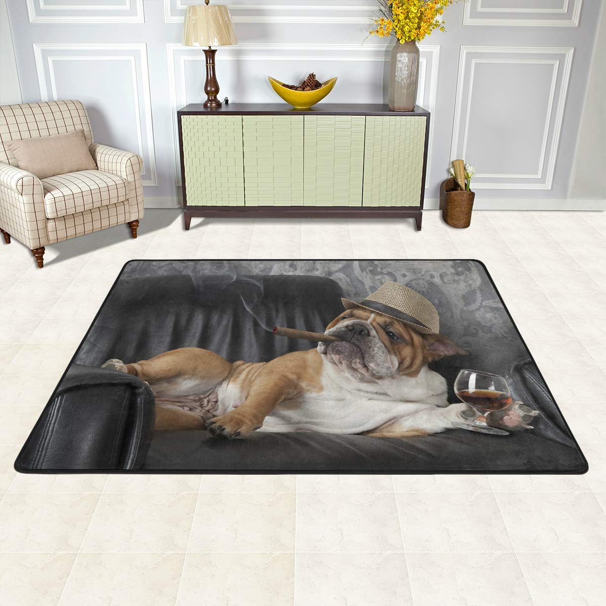 ALAZA English Bulldog with Cigar and Glass Non-Slip Area Rug - 6'x4' Soft Floor Mat for Living Room, Bedroom, Office - Perfect for Home Decor and Pet Lovers