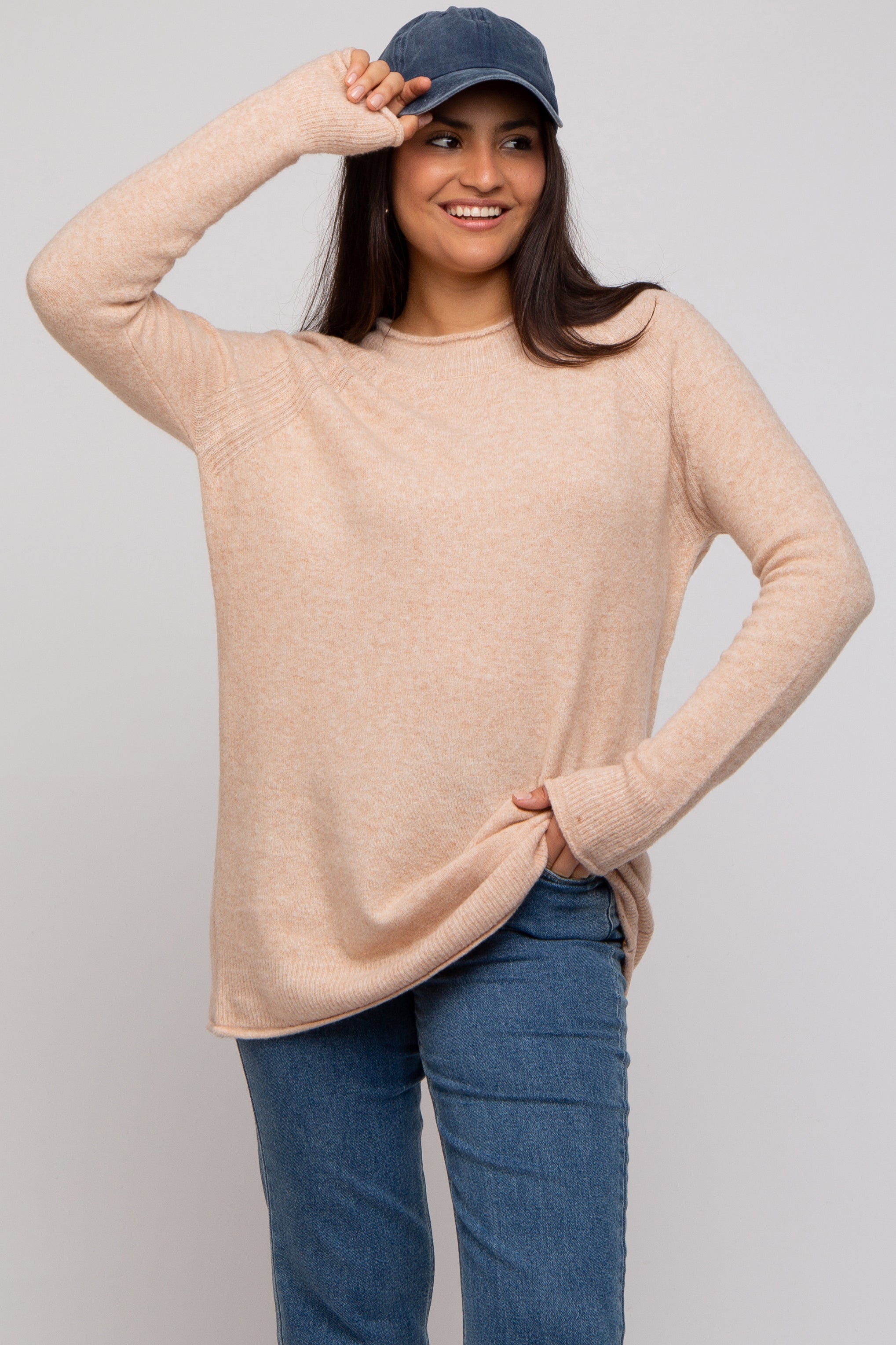 Soft Beige Brushed Knit Sweater for Women - Cozy Winter Pullover with Ribbed Cuffs - Perfect for Casual Outfits & Holiday Gatherings