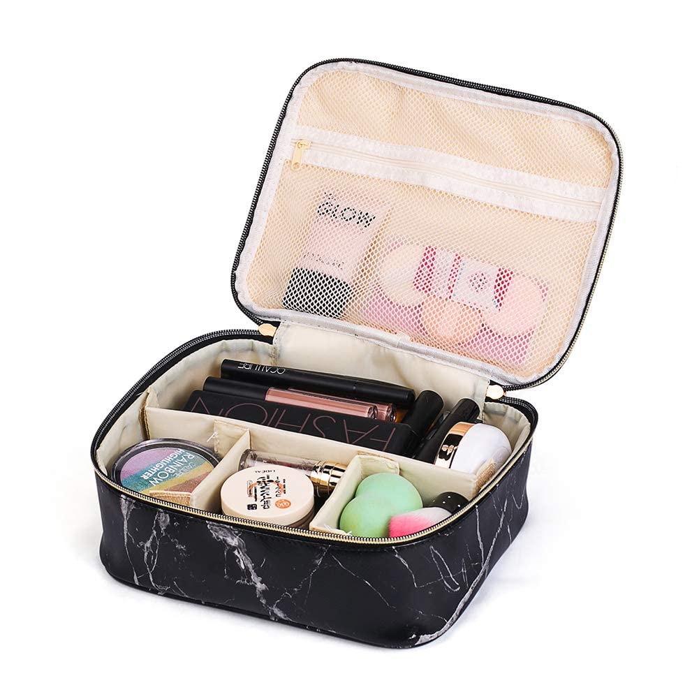 Favria Portable Travel Makeup Bag for Women - Waterproof Cosmetic Organizer with Dividers, Black Marble Toiletry Storage Pouch | Perfect for Travel, Gym & Daily Use