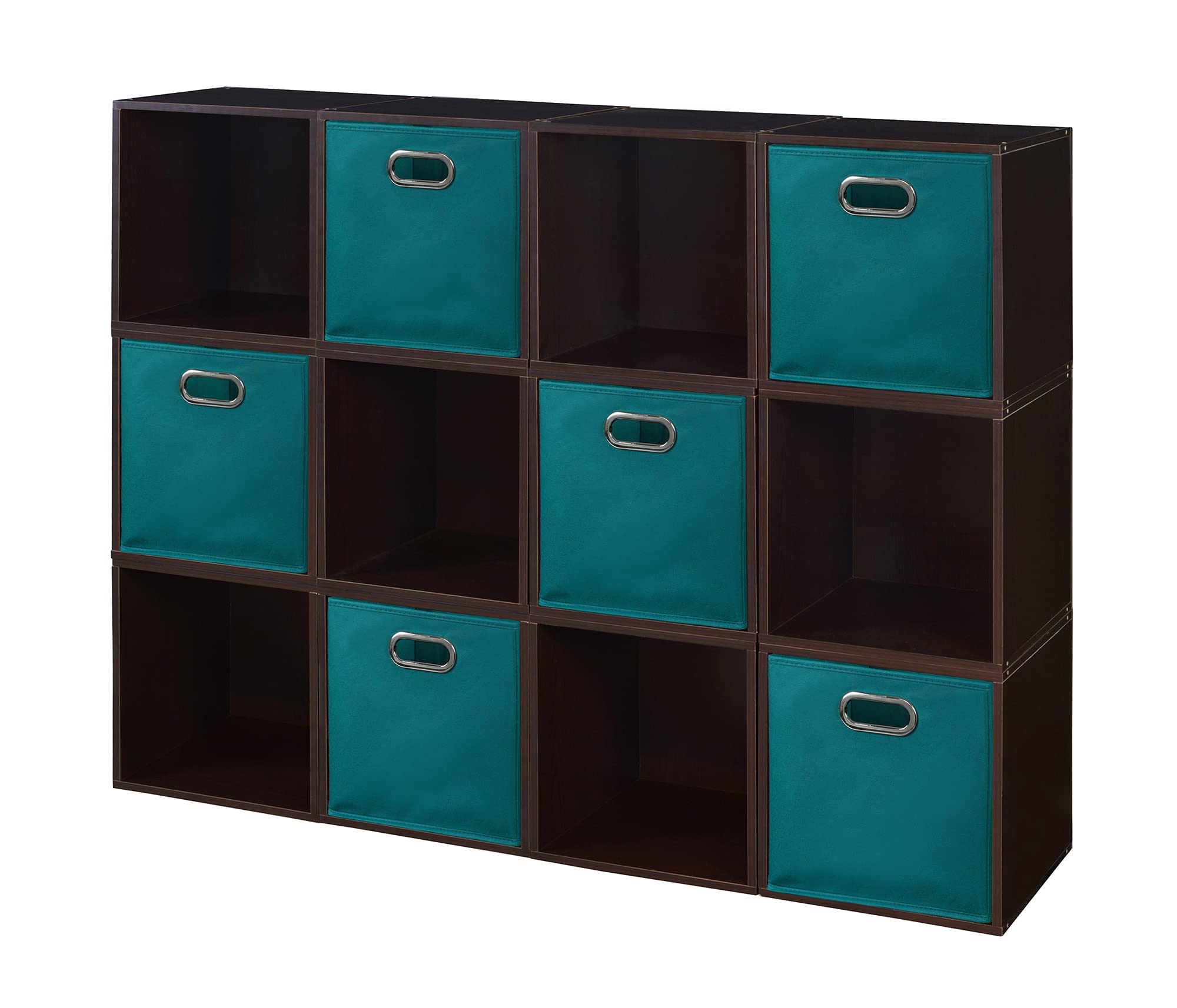 Premium 12-Cube Storage Organizer Set with 6 Canvas Bins - Truffle & Teal Colors | Perfect for Closet, Nursery, Office & Living Room Organization