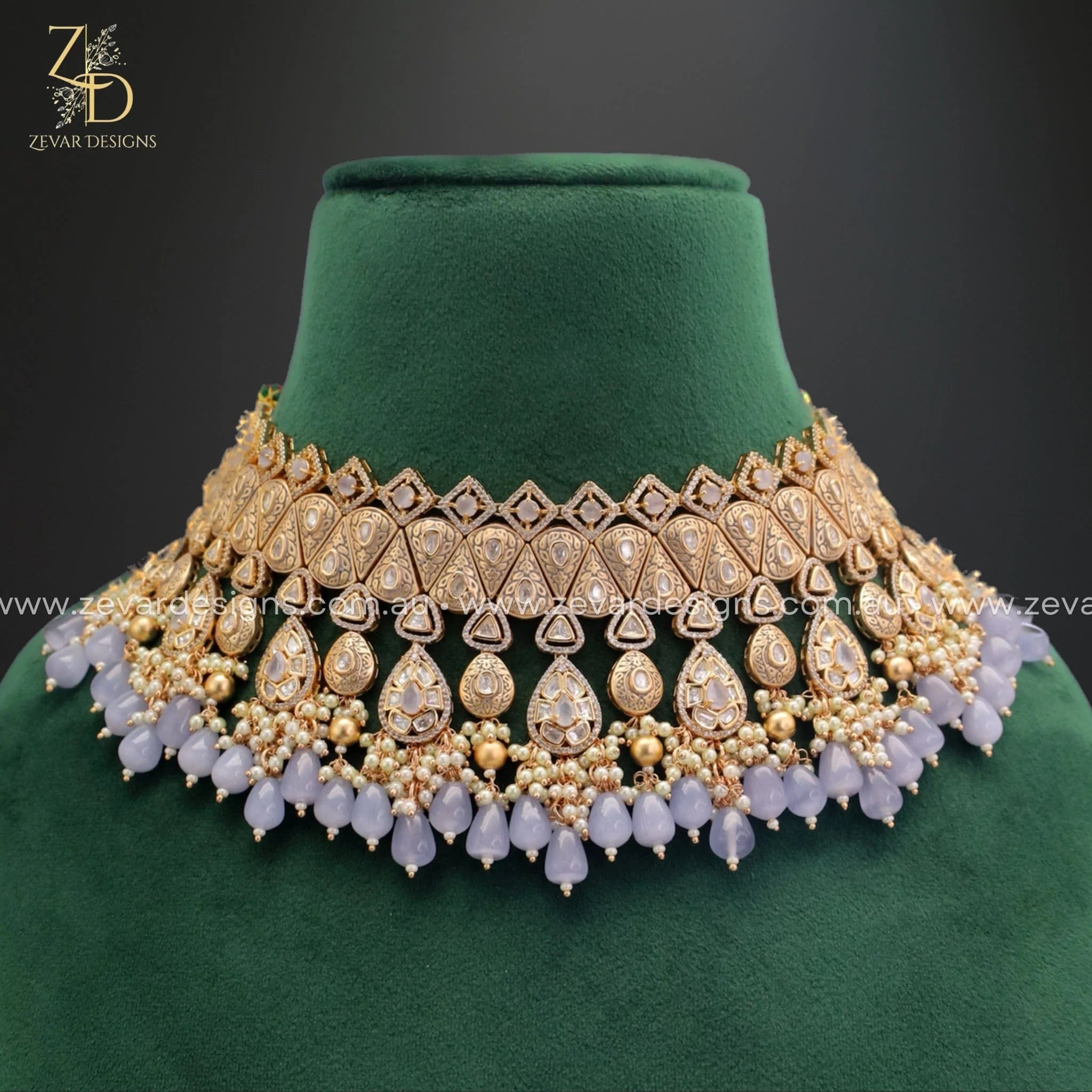 Elegant Kundan Polki Choker Set with Tikka - Grey | Traditional Indian Bridal Jewelry for Weddings & Festive Occasions