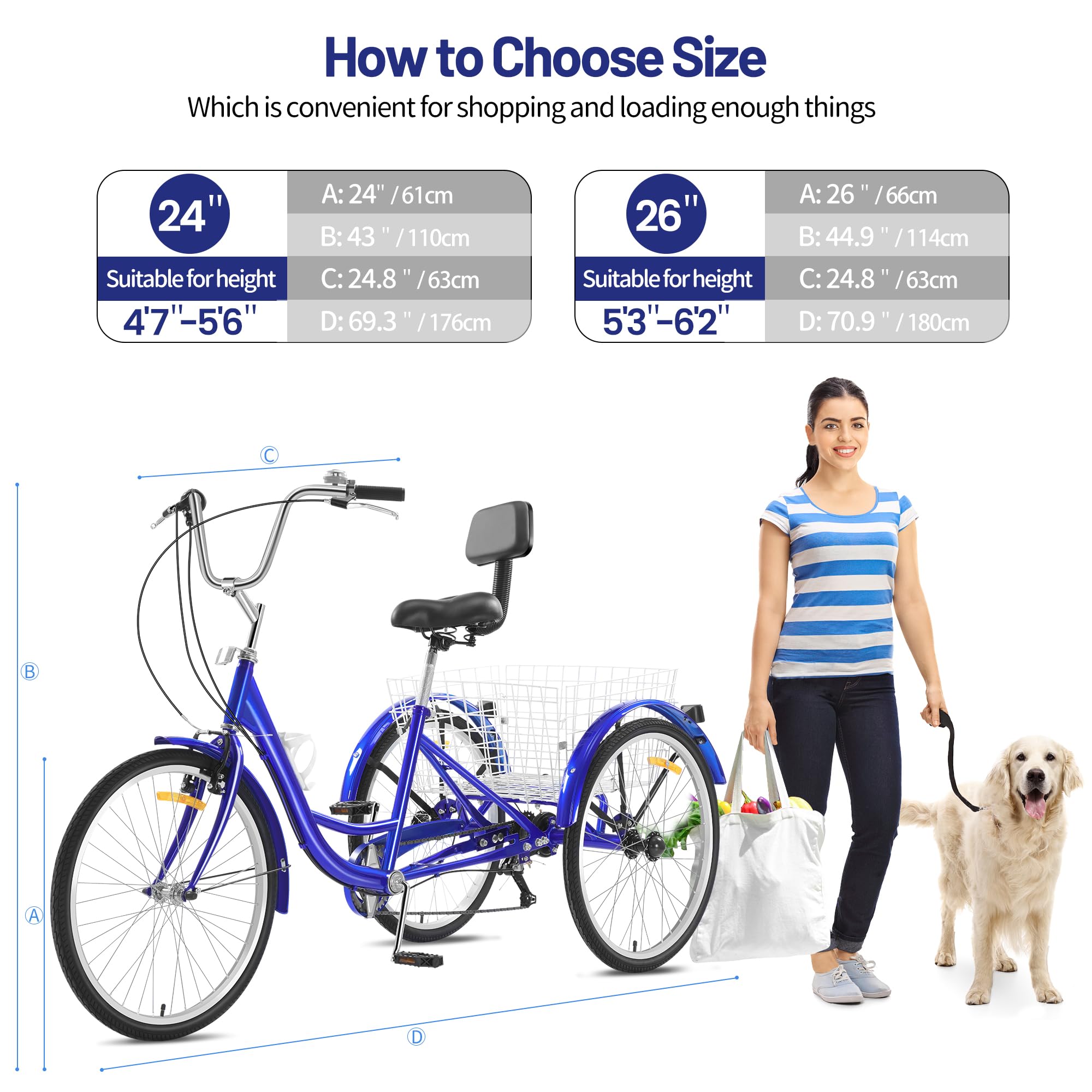 7-Speed Adult Tricycle 24/26 Inch 3-Wheel Bicycle with Large Removable Baskets & Adjustable Seat - Comfortable Cruiser Bike for Seniors, Women & Men - Perfect for Grocery Shopping, Park Rides & Outdoor Recreation