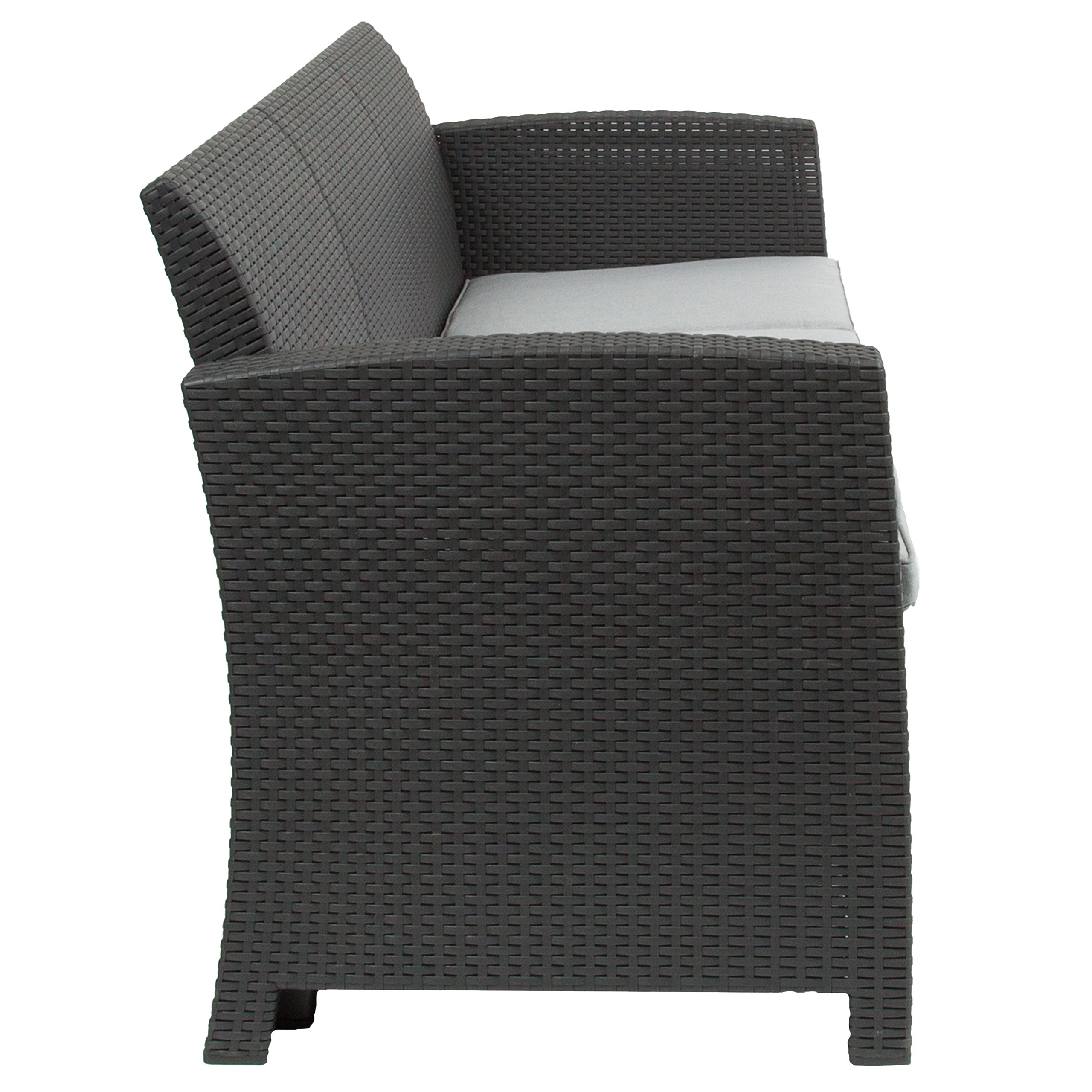Dark Gray Faux Rattan Sofa with Light Gray Cushions - Modern Wicker Patio Furniture for Outdoor Living Room, Garden, Balcony & Porch