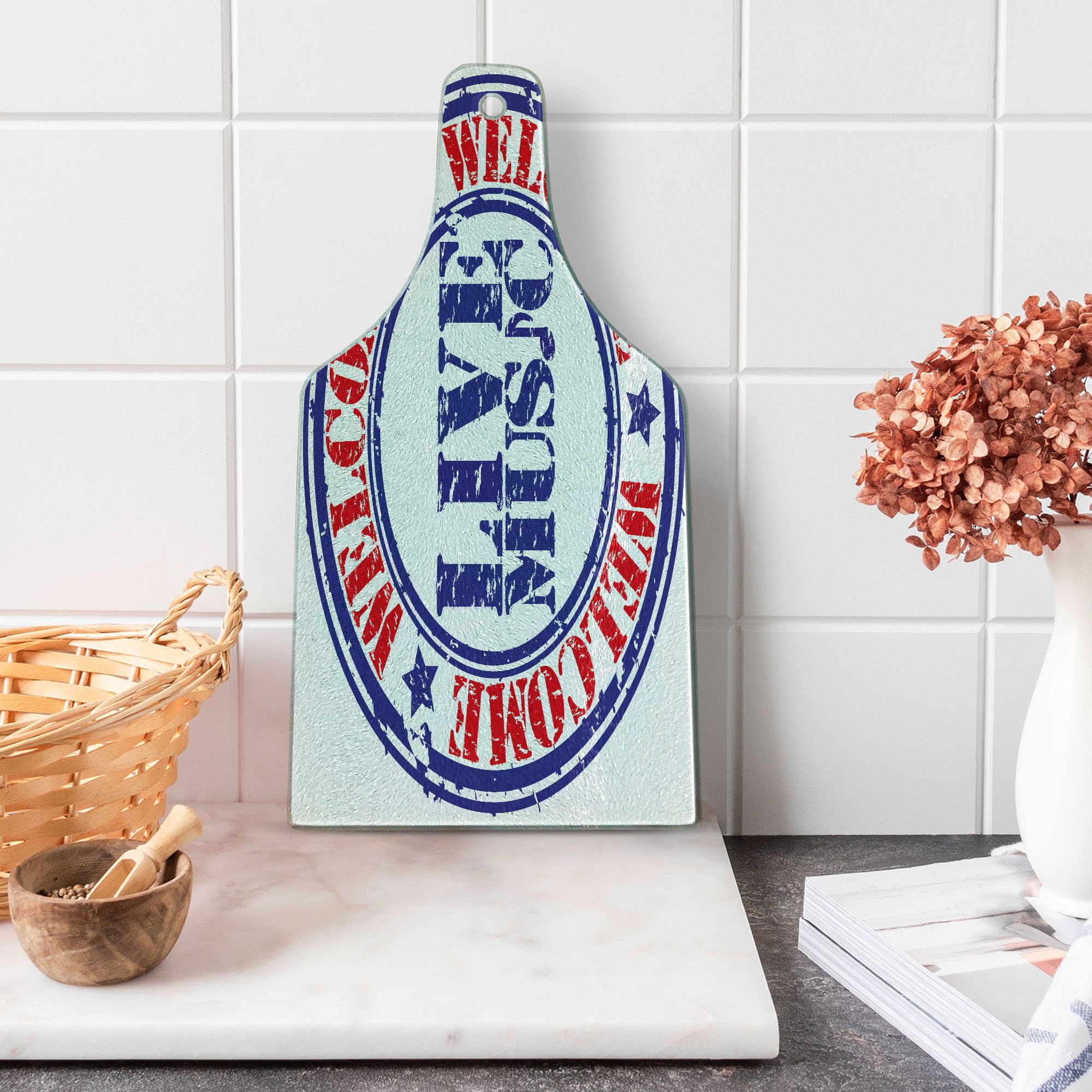 Ambesonne Popstar Party Cutting Board - Grunge Style Live Music Festival Design - Tempered Glass Serving Board for Cheese, Charcuterie & Wine - Blue Red White Wine Bottle Shape - Perfect for Parties, Entertaining & Home Decor
