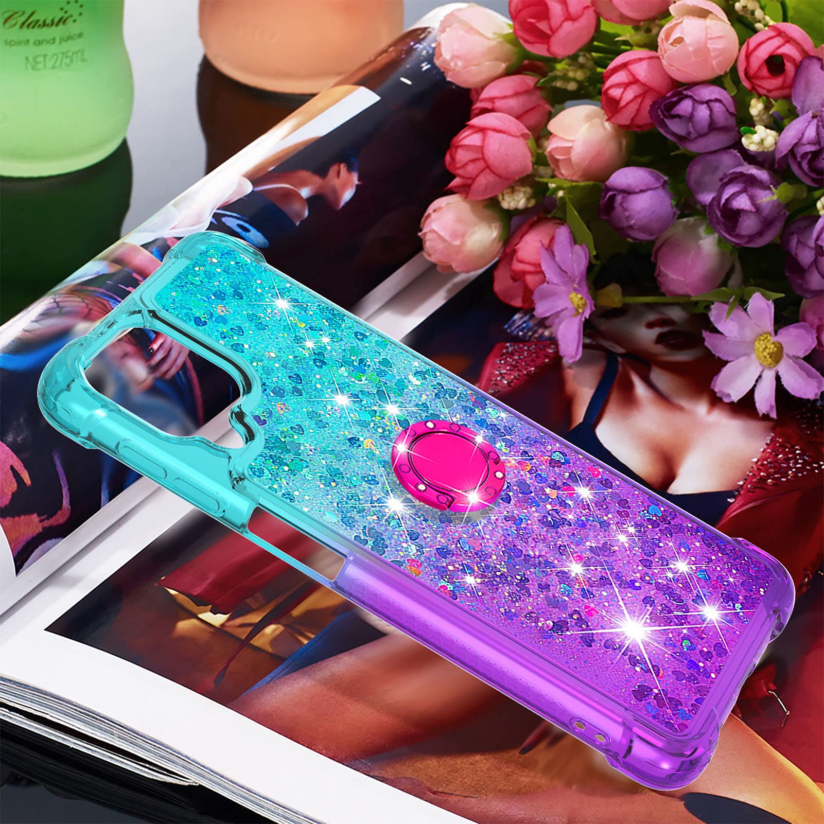 Samsung Galaxy A22 4G Case with Ring Holder - Clear Gradient Quicksand Glitter Floating Liquid TPU Phone Cover (Bluish Violet) | Shockproof Protective Case for Everyday Use, Work & Travel
