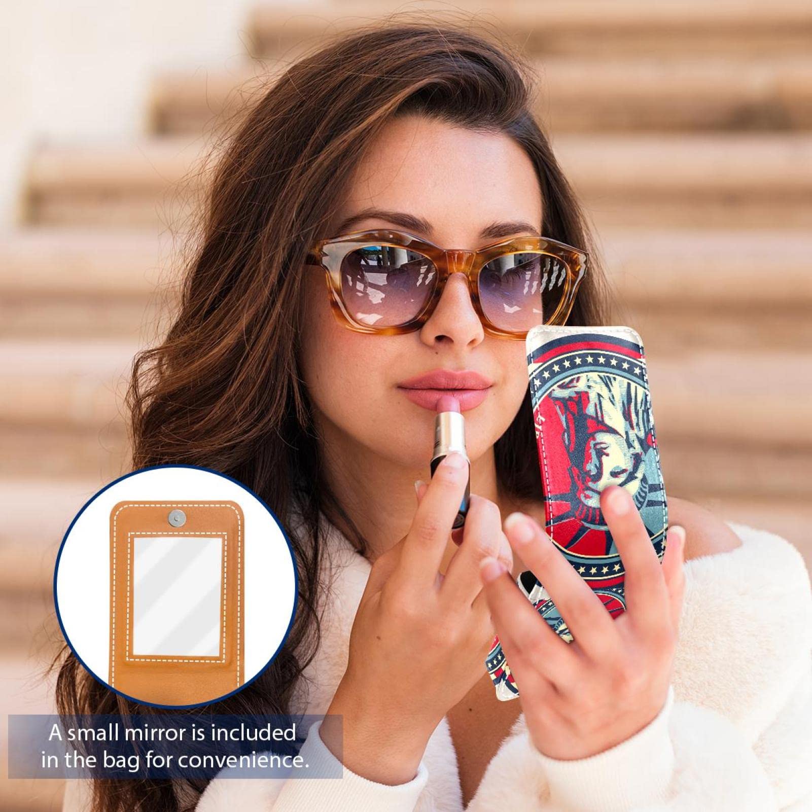 Portable Lipstick Organizer with Mirror - Mini Makeup Bag Holds 3 Lipsticks for Women | Travel, Purse & On-the-Go Makeup Storage | Statue of Liberty Design