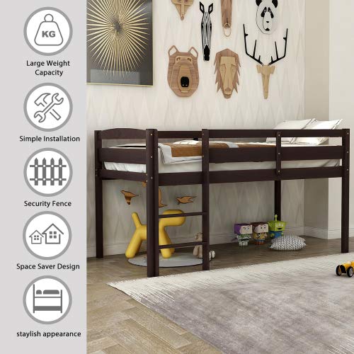 Twin Size Loft Bed with Guard Rail & Ladder - Sturdy Wooden Bunk Bed Frame for Kids & Teens - No Box Spring Needed - Espresso Finish - Perfect for Small Bedrooms, Guest Rooms & Dorm Rooms