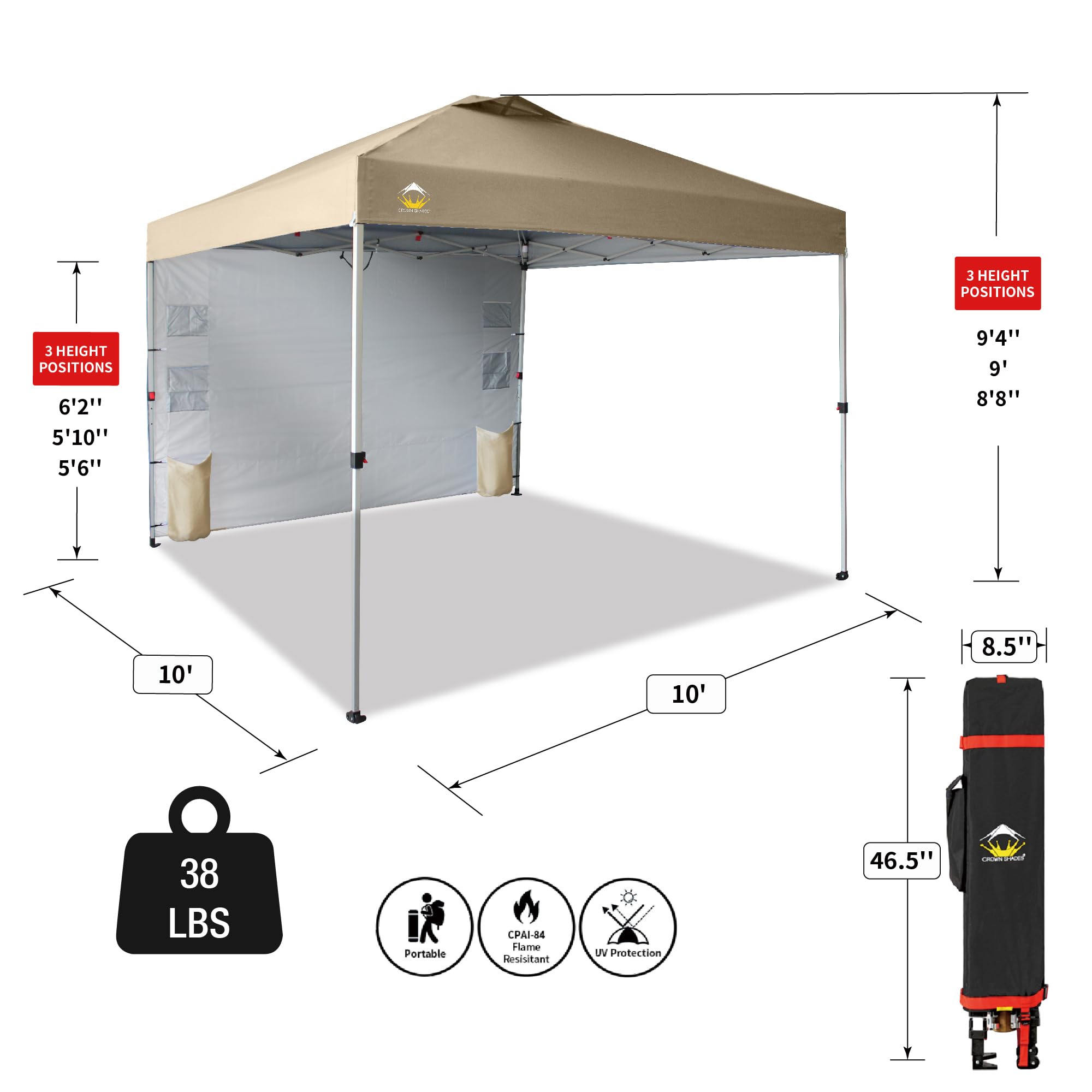 10x10 Pop Up Canopy Tent with Sidewalls & Pockets - Portable Instant Sun Shelter for Camping, Beach, Backyard & Outdoor Events - Easy One-Person Setup with Center Lock - Beige CROWN SHADES Canopy