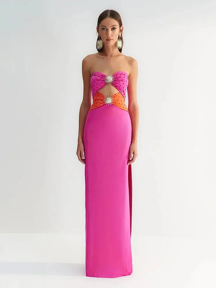 Sexy Strapless Hollow Diamond Bandage Dress for Women - Elegant Long High Split Party Dress - Perfect for Summer Celebrity Events, Nightclubs & Evening Parties