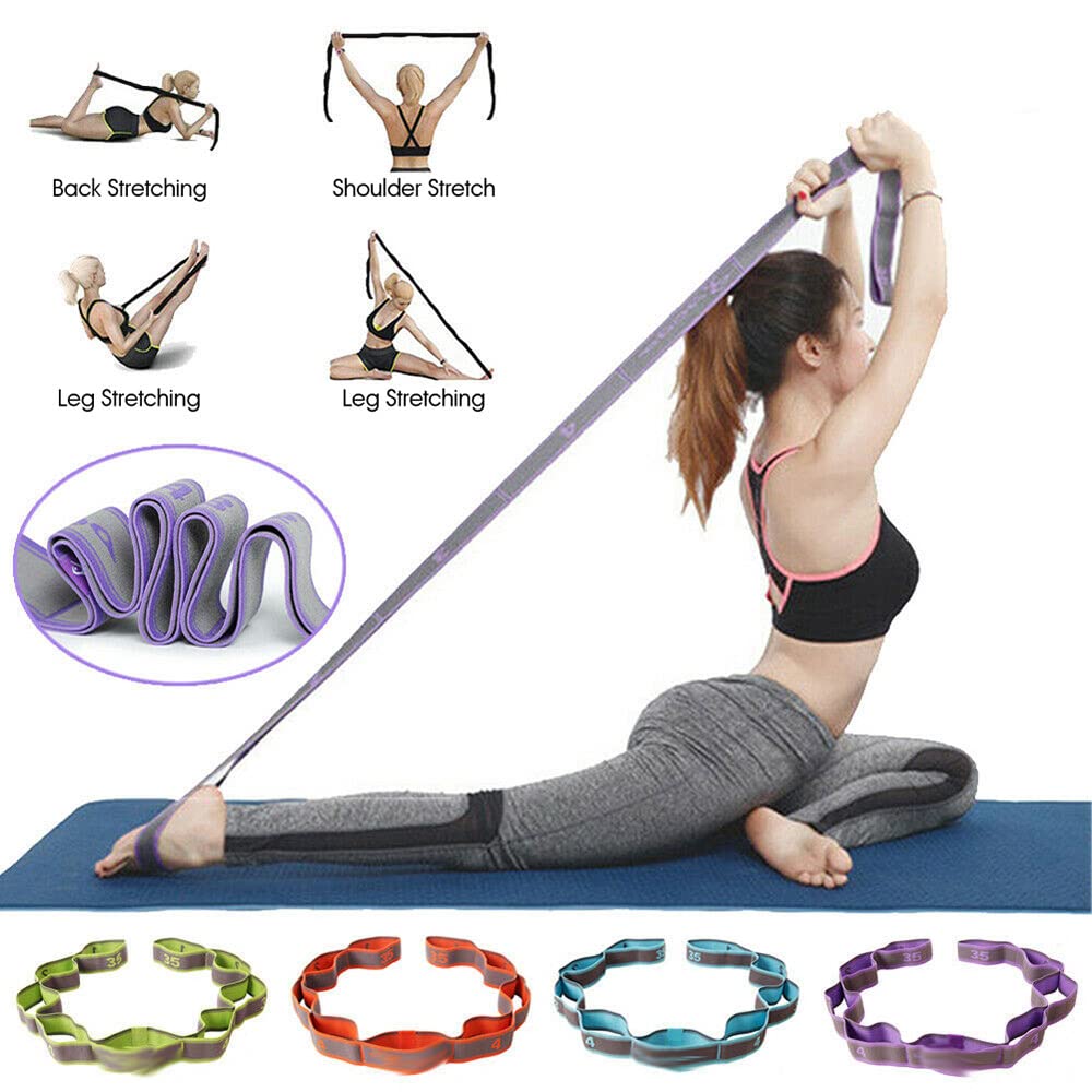 9-Segment Yoga Pull Strap Belt - Latex Elastic Stretching Band for Yoga, Pilates, Gym & Fitness - Purple Resistance Bands for Home Workouts, Strength Training & Physical Therapy
