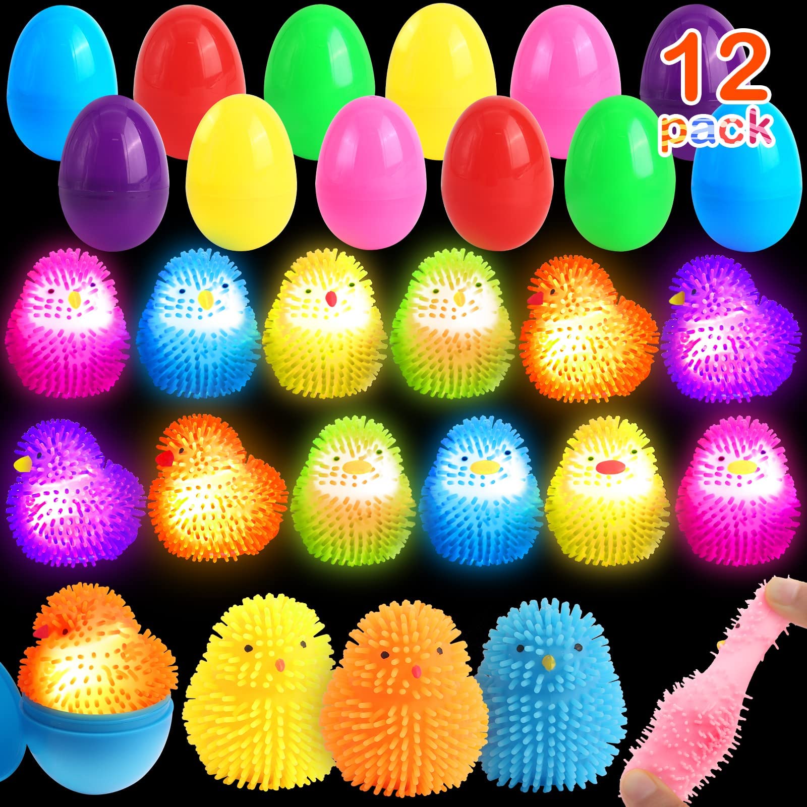 12 Pack LED Light Up Easter Egg Fillers - Glow in The Dark Stress Relief Squeeze Balls for Kids, Boys, Girls, Toddlers & Teens - Fun Easter Basket Stuffers & Party Favors for Easter Egg Hunt, Birthday Gifts & Sensory Fidget Toys