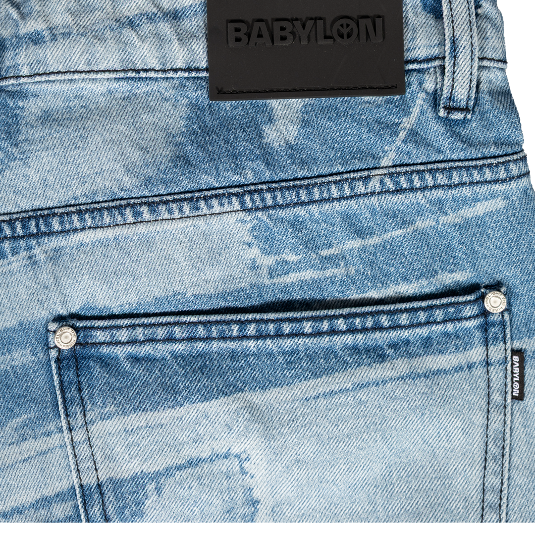 5 Pocket Laser Printed Patched Pants in Light Indigo - Stylish Distressed Denim Jeans for Men | Perfect for Casual Wear, Street Fashion & Everyday Outfits