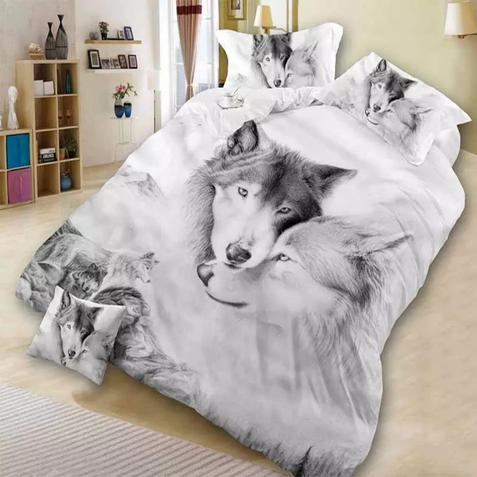 Wolf Duvet Cover Set Queen Size - 3 Piece Microfiber Bedding Set with 2 Pillow Shams, Soft & Breathable Animal Series Comforter for Teens Bedroom Decor (90