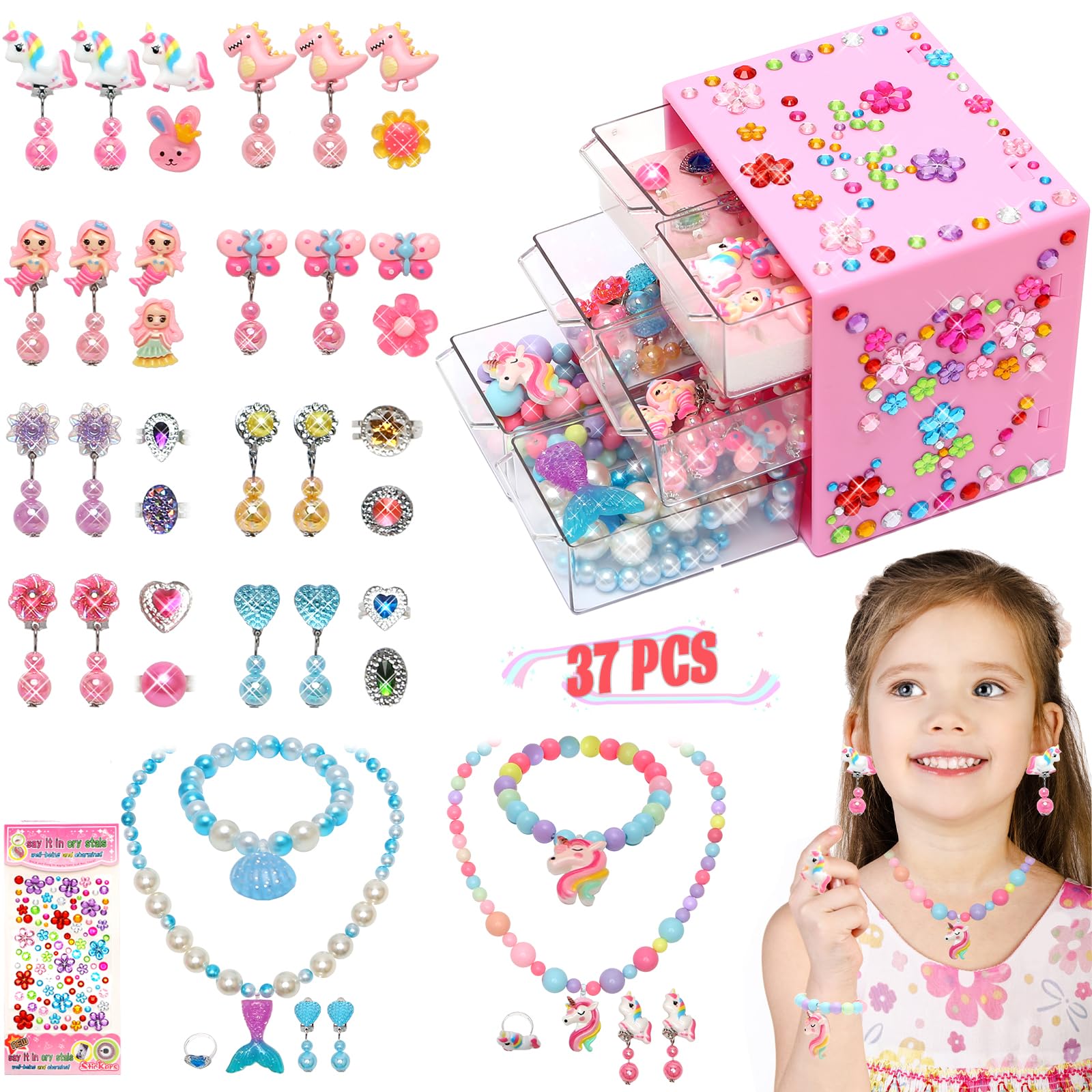 37PCS Princess Jewelry Set for Girls Age 3-9 - Adjustable Rings & Clip-on Earrings for Pretend Play, Dress Up & Role Play - Perfect Christmas & Birthday Gift for Toddler Girls (Ideal for Tea Parties, Princess Play & Dress-up Games)