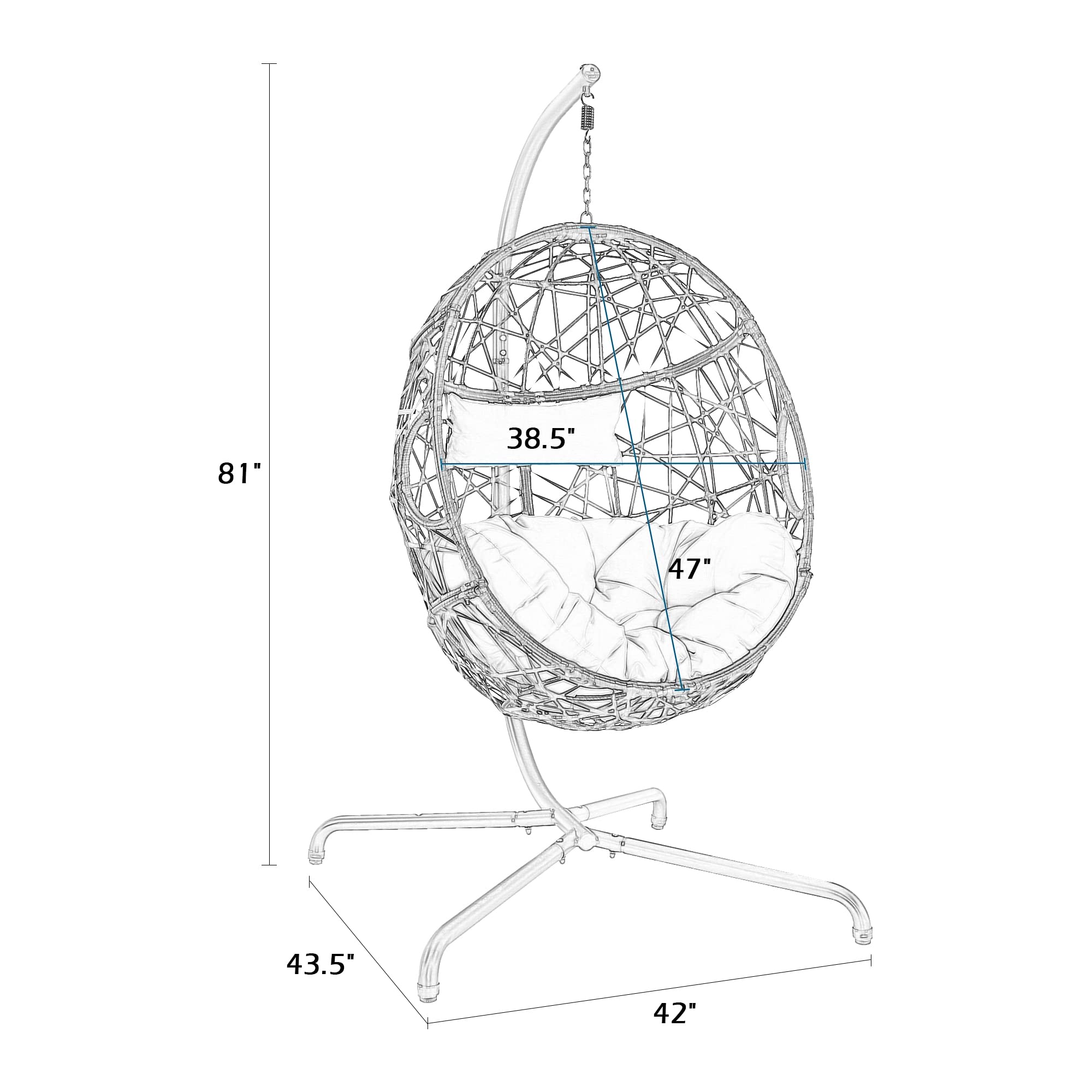 Outdoor Wicker Hanging Egg Chair with Cushion & Stand - Blue Patio Swing Hammock for Garden, Balcony, or Backyard Relaxation