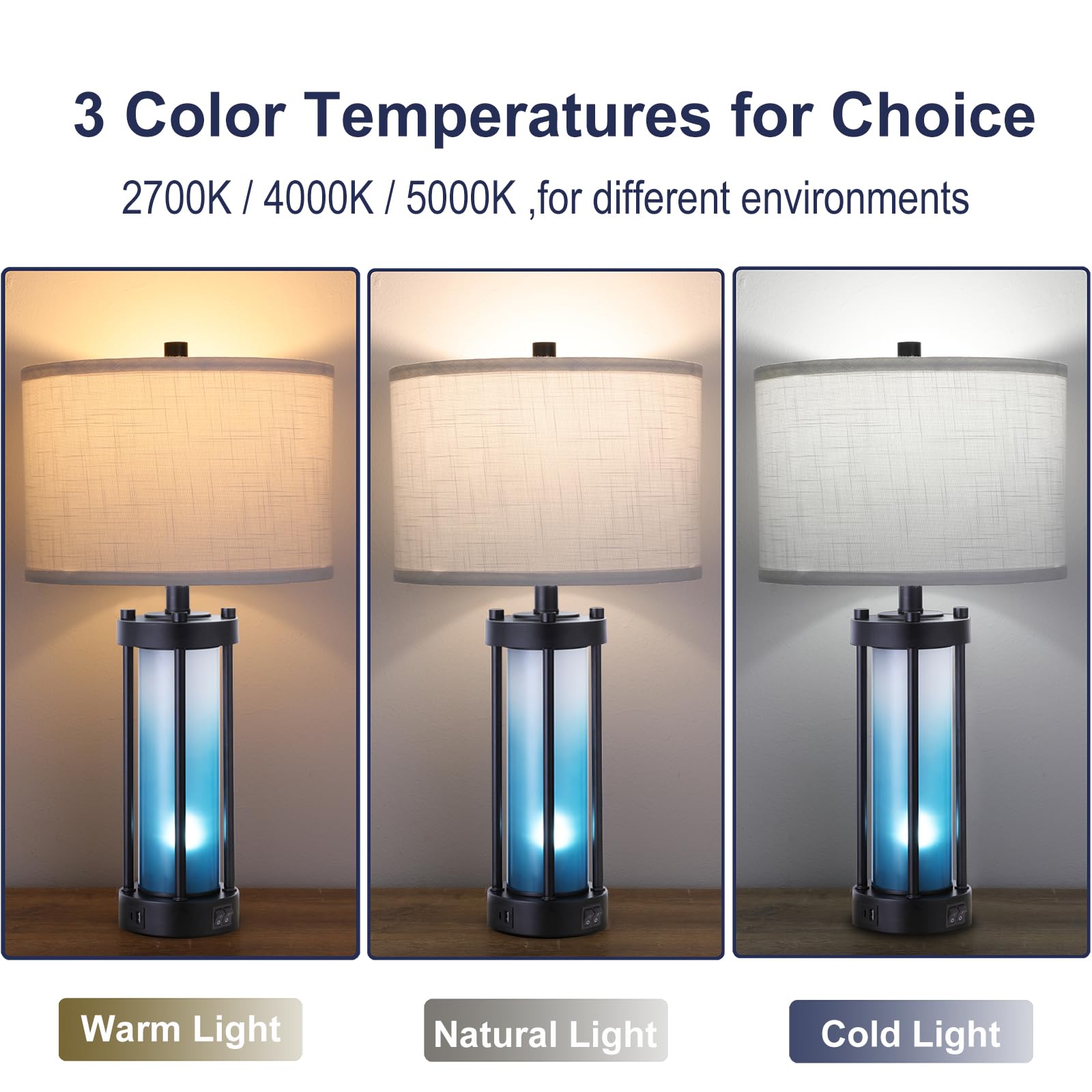 Modern Table Lamps Set of 2 - Gradient Blue Glass USB Bedside Lamps with Night Light, 3-Way Dimmable & 2 USB Ports for Bedroom, Living Room, Office - Includes 4 LED Bulbs (Warm/White/Cool Light) - Perfect for Reading, Working & Creating Ambiance