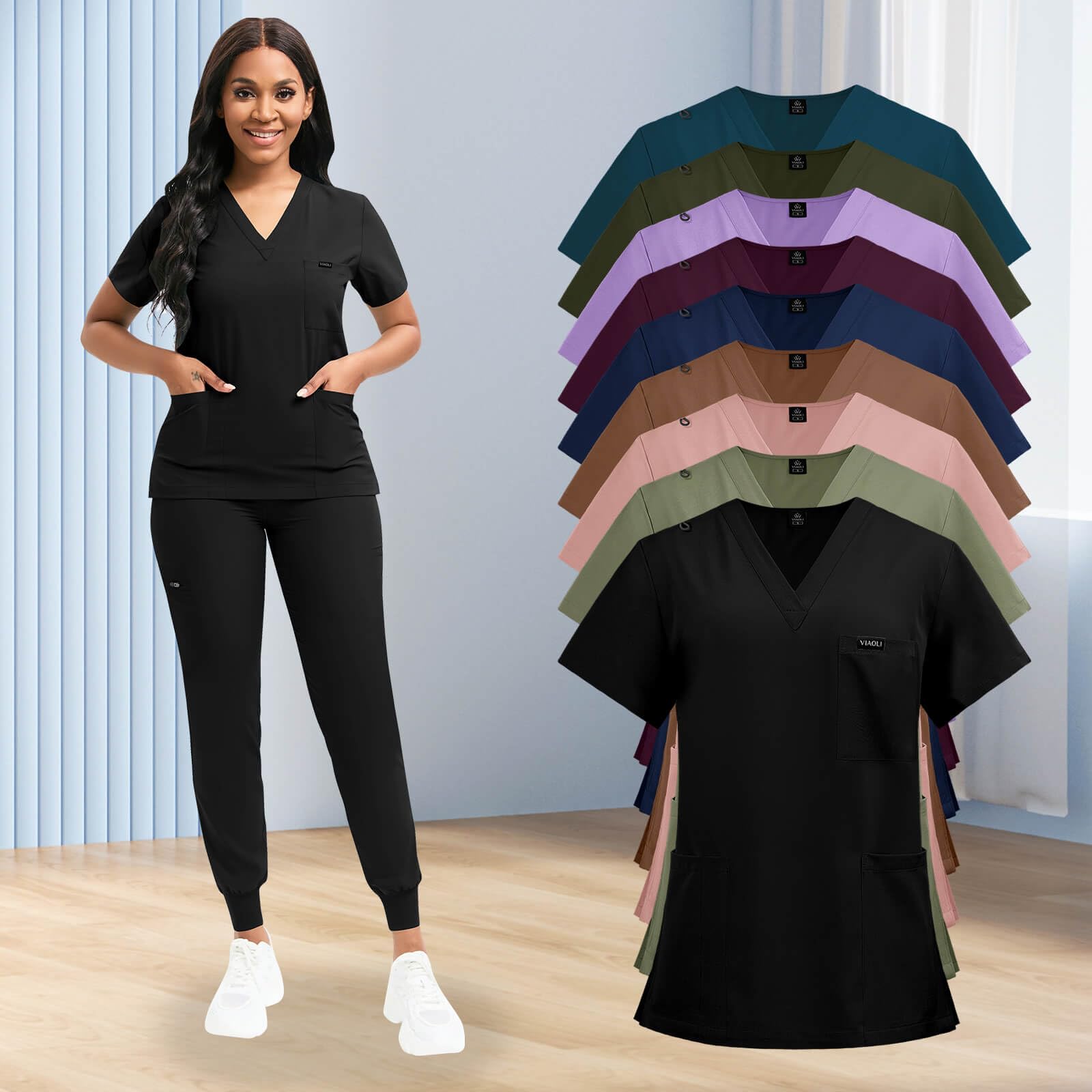 VIAOLI Women's Classic V-Neck Scrub Top & Yoga Jogger Pants Set - Comfortable Medical Uniform for Nurses, Doctors & Healthcare Professionals - Perfect for Hospital Shifts, Clinics & Healthcare Work Environments