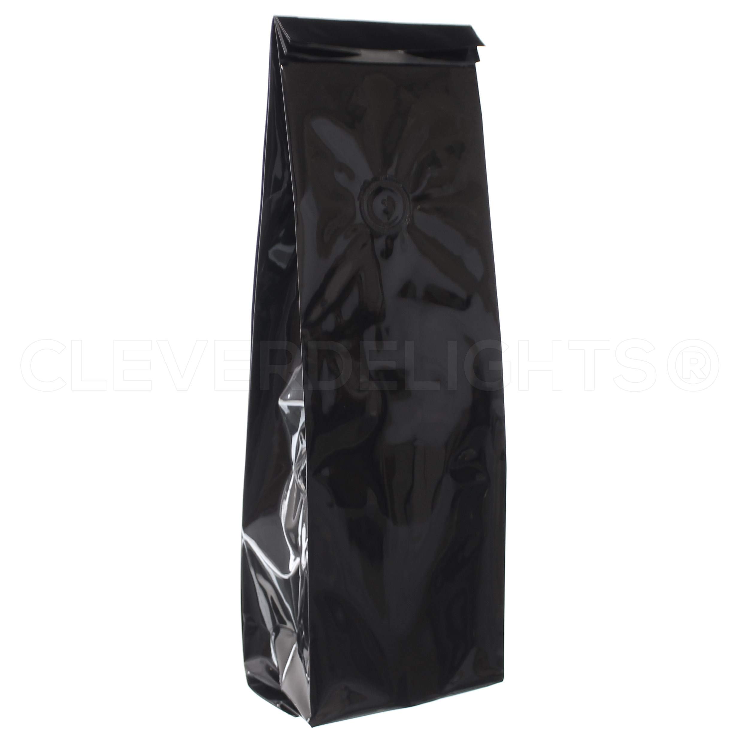 500 Pack - CleverDelights Premium Glossy Black Coffee Bags with One-Way Degassing Valve & Side Gusset - 1Lb (16oz) Airtight Stand-Up Pouches for Fresh Roasted Coffee Beans, Ground Coffee & Tea Storage - Ideal for Home Brewing, Cafes & Coffee Shops