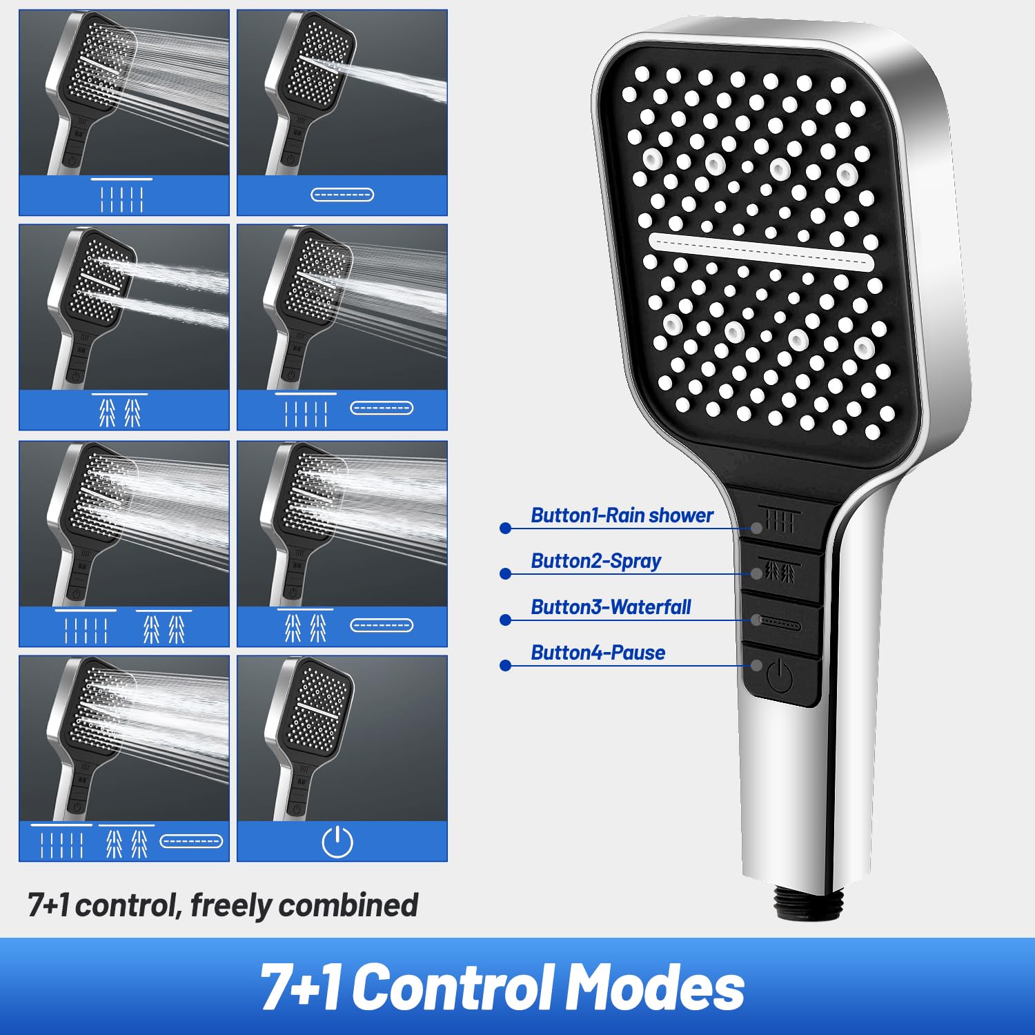 VEHHE 7-Spray Mode Square Shower Head with 1.5M Hose - Water Saving Rain Shower with Stop Button & Adjustable Universal Bracket (Silver) - Perfect for Bathroom Renovation & Water Conservation