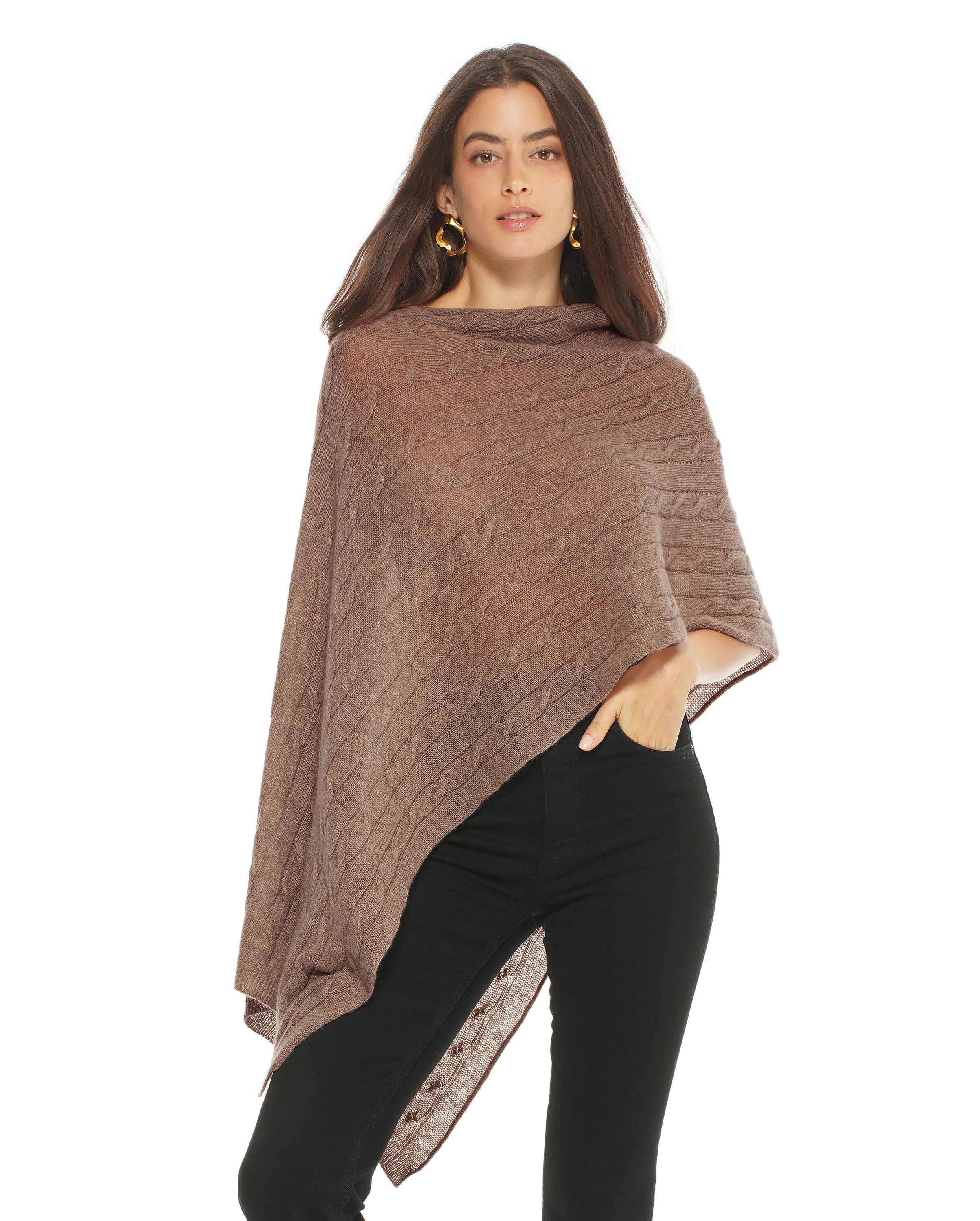 Women's Pure Cashmere Cable Knit Poncho - Soft Brown Winter Shawl Wrap for Women | Cozy Fall & Winter Fashion Accessory | Perfect for Office, Travel and Outdoor Activities
