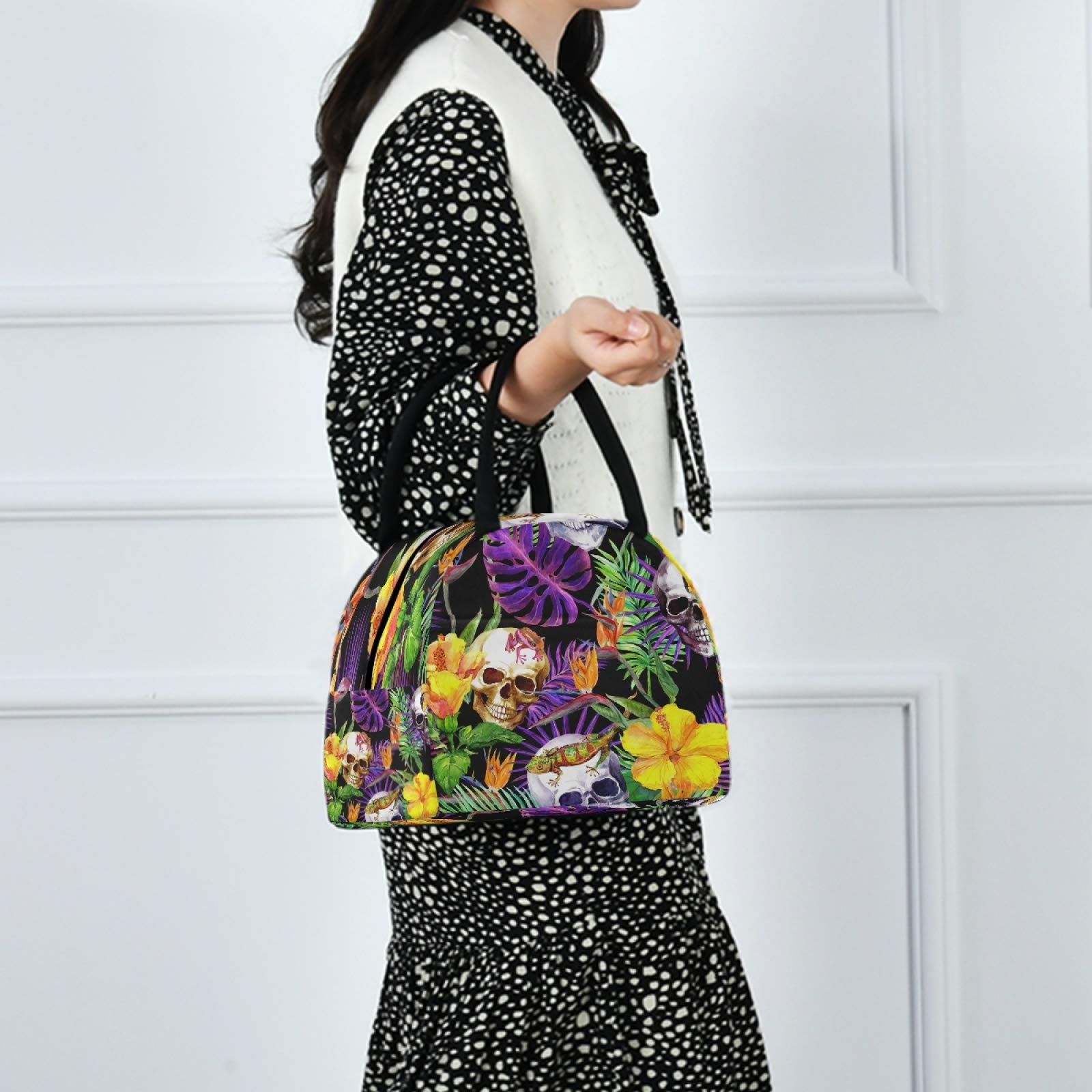 **Insulated Lunch Bag with Sugar Skull & Tropical Flower Design - Leakproof Zippered Lunch Tote for Women & Men - Large Cooler Bag with Front Pocket - Perfect for Work, School, Picnics & Travel**