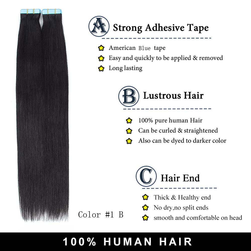 Amella Hair 24 Inch Human Hair Tape in Extensions - 20 Pcs Silky Straight Brazilian Remy Hair (50g, Color #1 Natural Black) | Seamless & Undetectable for Volume & Length | Perfect for Daily Wear, Parties & Special Occasions