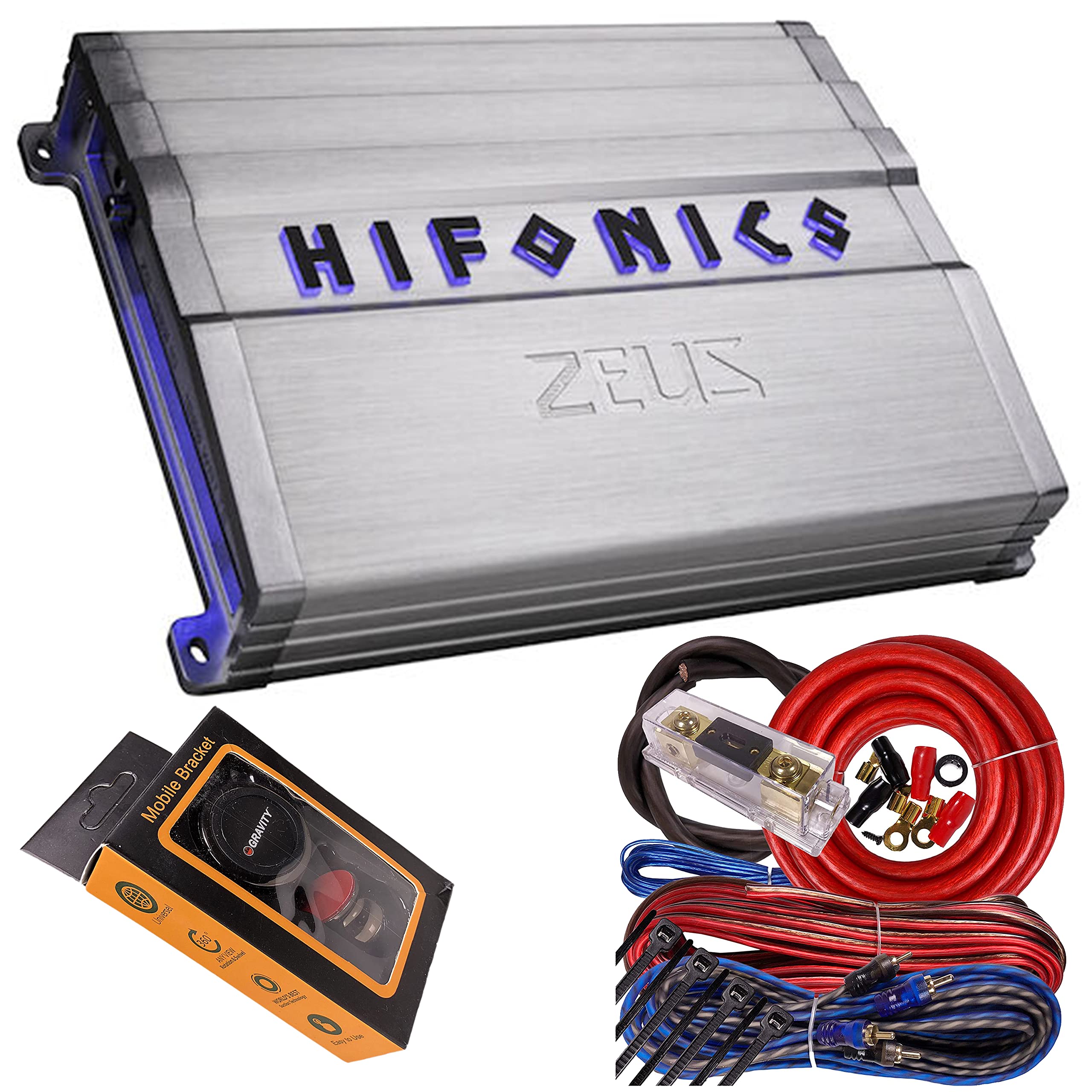 Hifonics ZG-1800.1D Zeus Gamma 1800W Mono Car Amplifier - Class D Subwoofer Amp with 4 Gauge Wiring Kit & Phone Holder - Powerful Bass for Car Audio System - Perfect for Truck, SUV, and Custom Car Stereo Upgrades