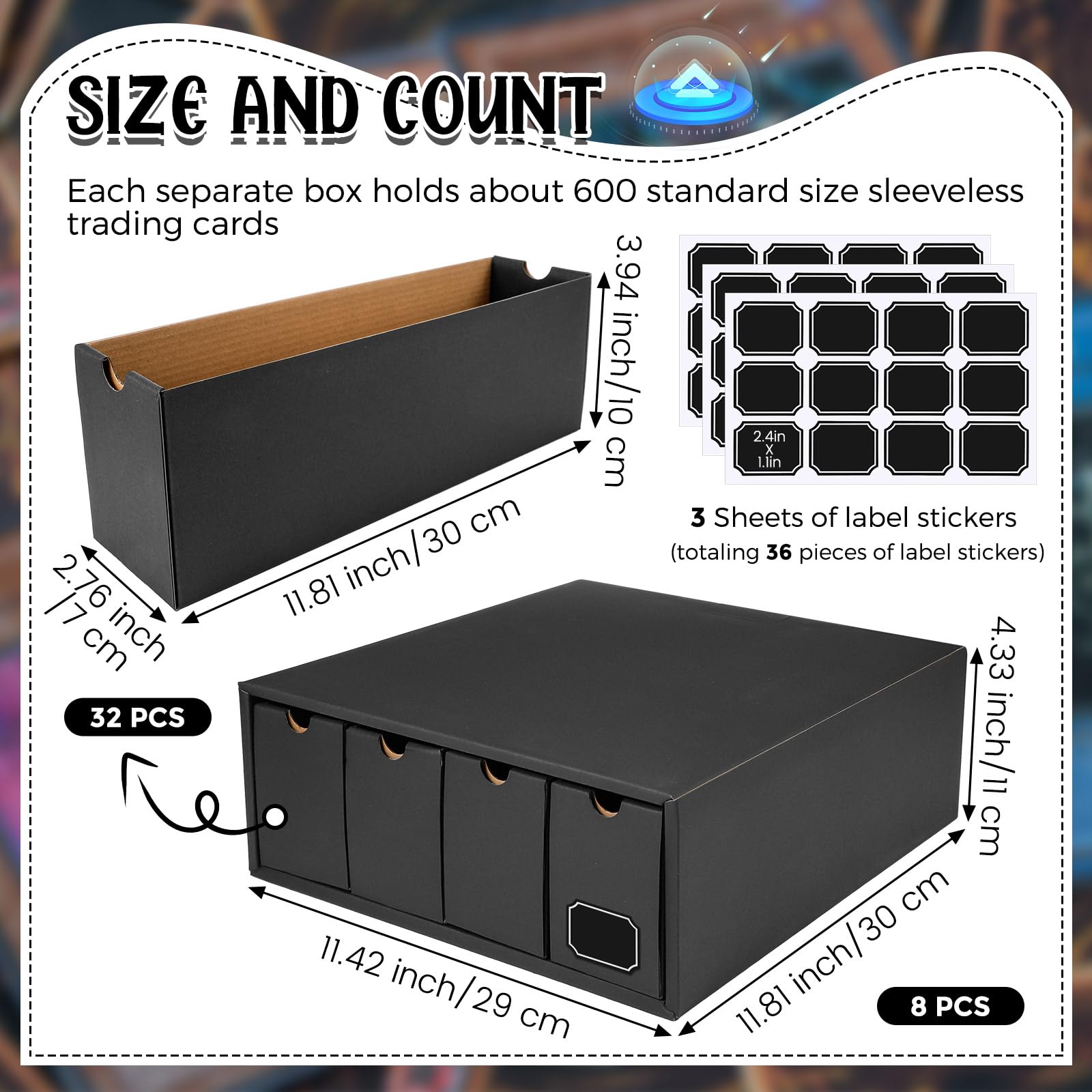 Resurhang 19200+ Trading Card Storage Box with Separate Compartments & Label Stickers - Soccer Sports Card Organizer for TCG, MTG, Pokemon (8 Sets, Black) - Perfect for Card Game Tournaments & Collectors Display