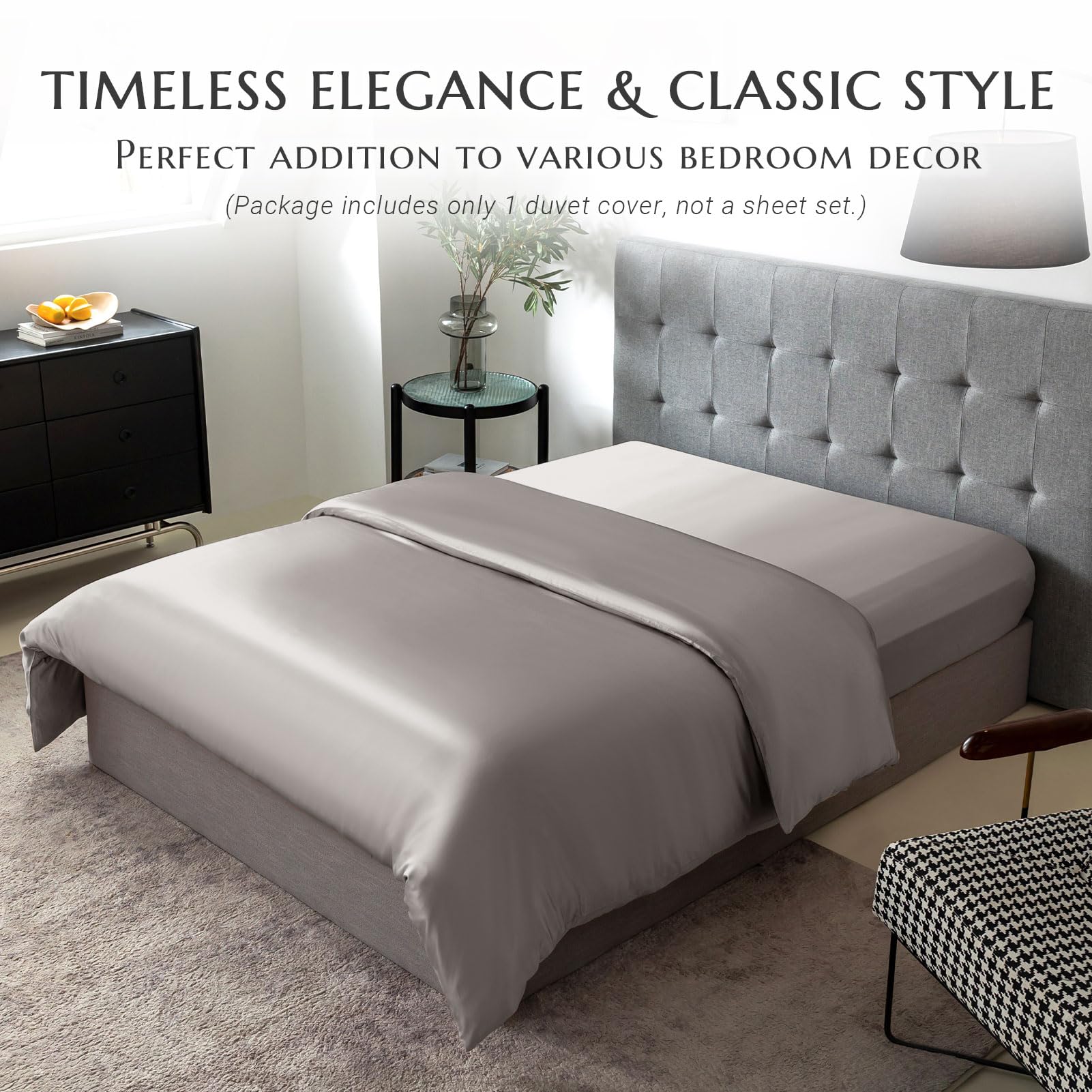 THXSILK 100% 7A+ Mulberry Silk Duvet Cover - Seamless, Breathable, Easy Care with Zipper Closure (Twin Size, Grey) | Luxury Bedding for Better Sleep & Skin Care