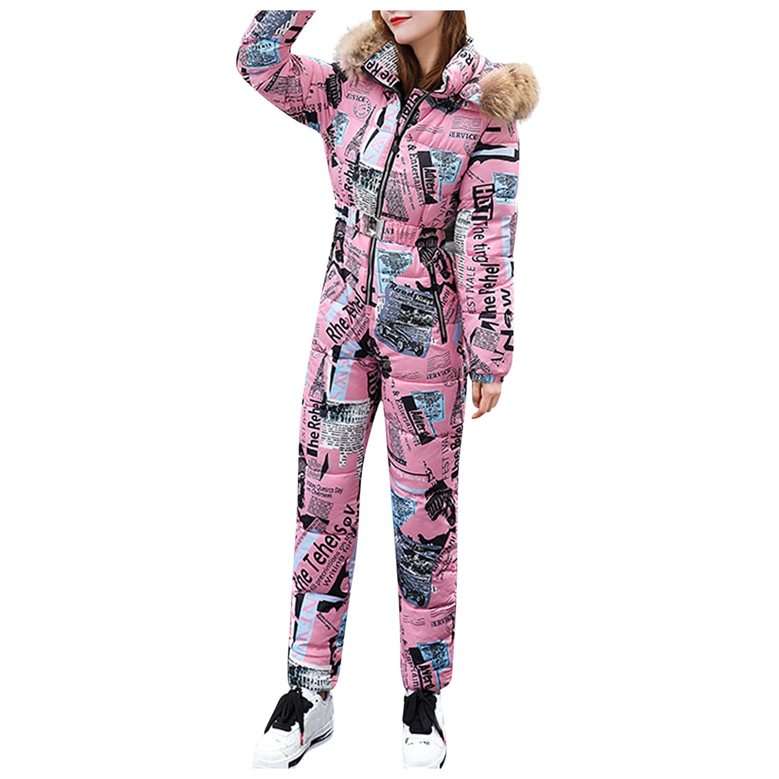 Waterproof Ski Suit Winter Onesie with Hooded Fur Collar - Insulated Snow Jumpsuit for Skiing, Snowboarding & Outdoor Winter Sports - Warm Jacket for Men & Women