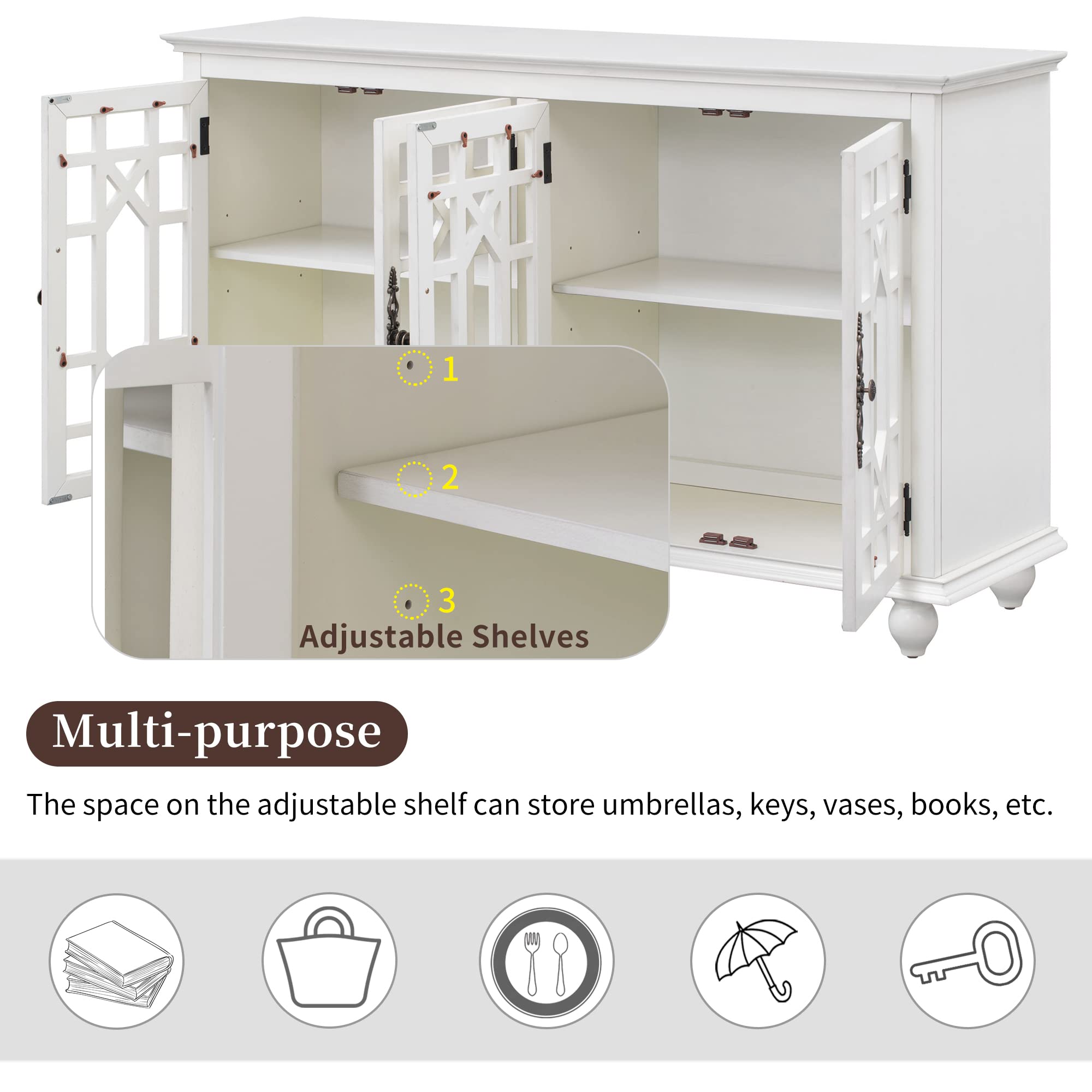 Elegant Glass Door Sideboard Buffet Cabinet - Long Bar Table Buffet Server with Adjustable Shelf, Retro Handles, Accent Storage Cabinet - Perfect for Living Room, Dining Room & Kitchen Storage Solution