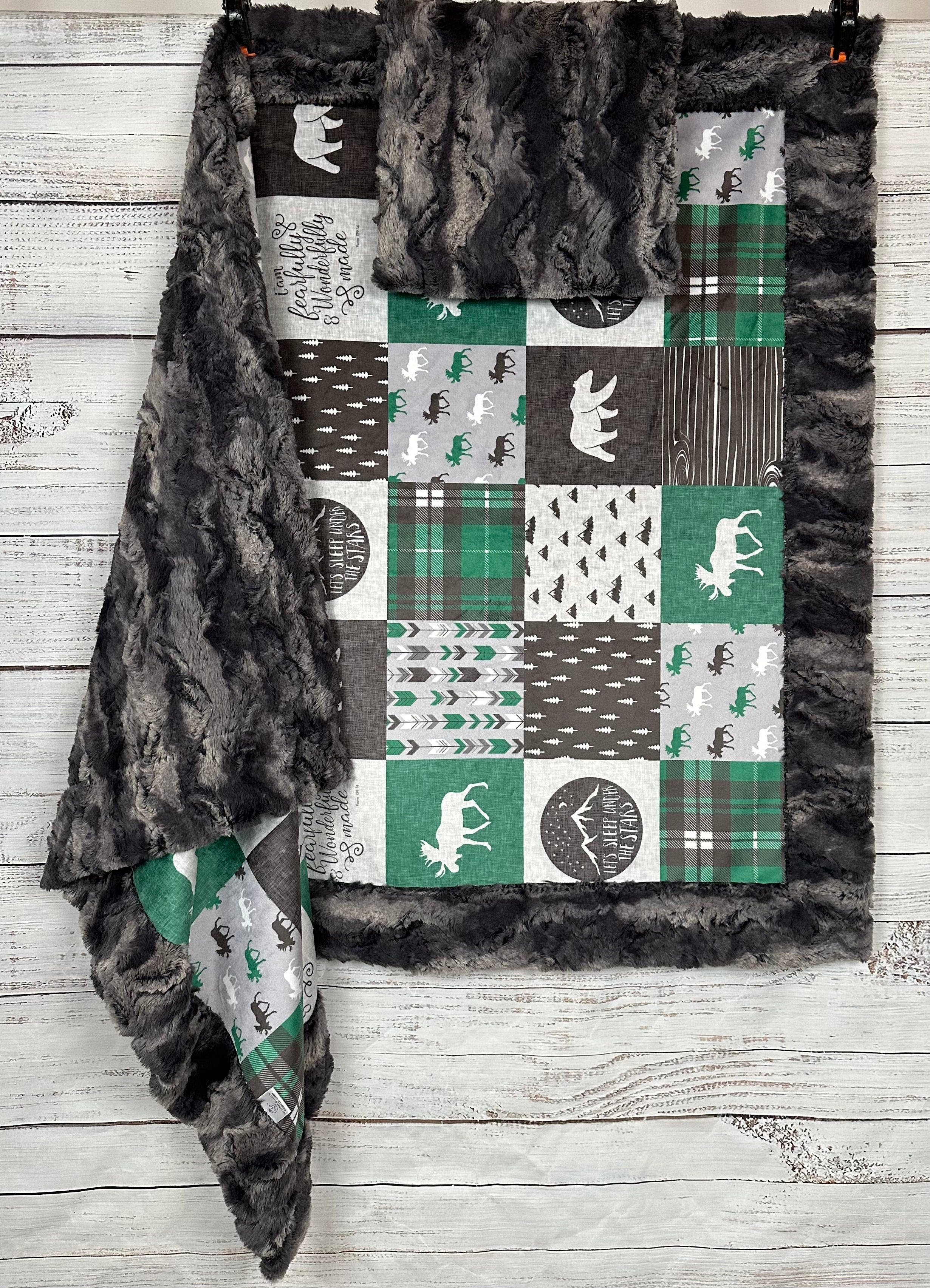 Green and Gray Patchwork Minky Blanket - 40x61 Inches Child Size with Pillowcase | Soft & Cozy for Bedtime, Nursery, Stargazing | Nine Iron Luxe Collection
