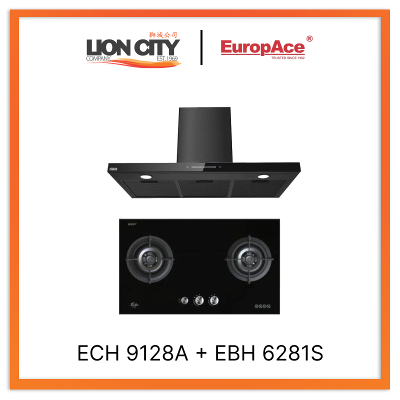 Europace ECH9128A 90cm Premium T Chimney Range Hood + EBH6281S 2-Burner 80cm Slim Gas Cooktop with Schott Glass - Modern Kitchen Ventilation & Cooking Solution for Home Chefs