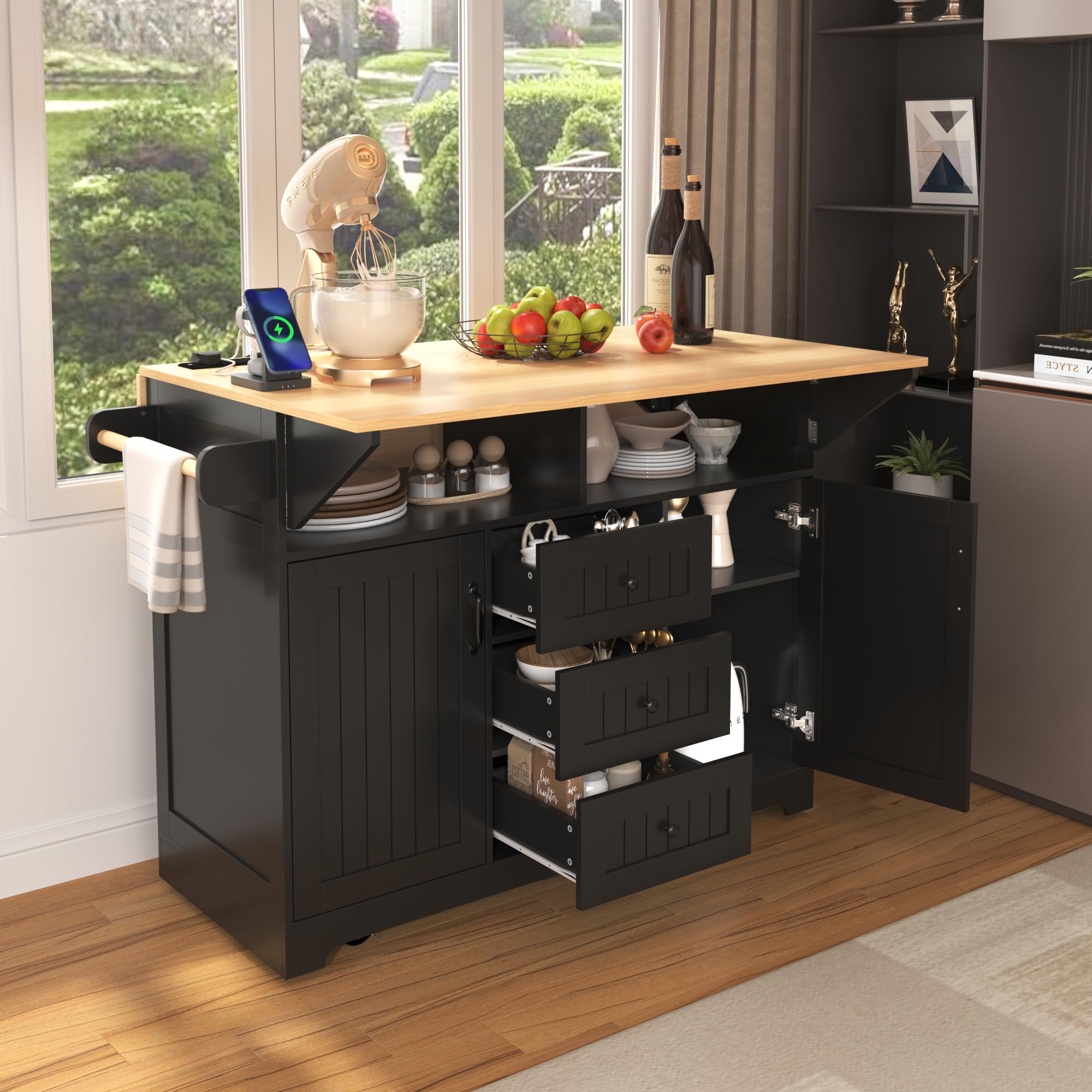 **Rolling Kitchen Island Cart with Power Outlets, Drop-Leaf Countertop & Storage Cabinet – Mobile Kitchen Organizer with Barn Door & Tower Rack – Perfect for Small Kitchens, Dining Prep & Entertaining**