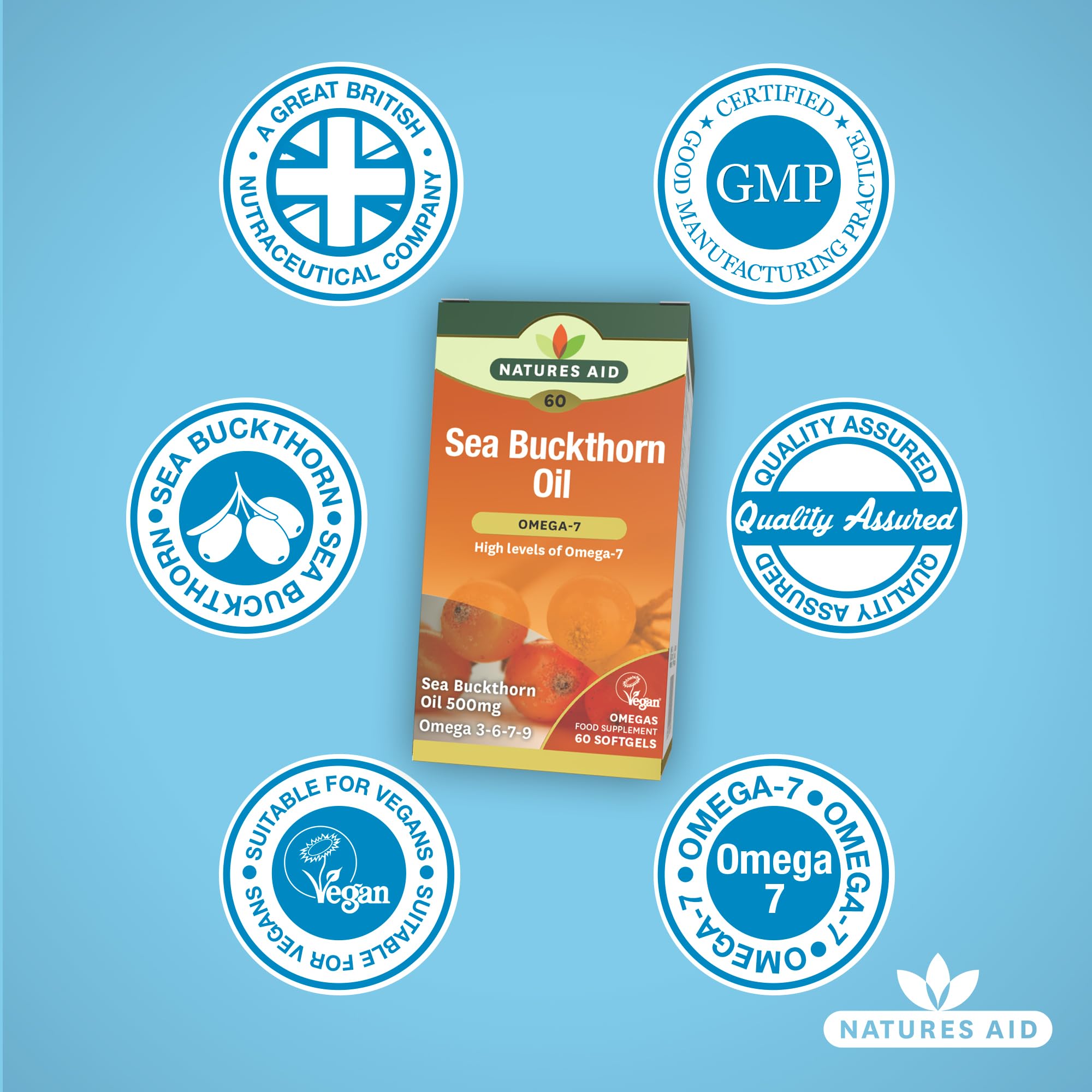 Nature's Aid 100% Pure Omega-7 Sea Buckthorn Oil 500mg - 60 Vegetarian Softgels for Heart Health & Skin Care | Supports Digestion & Immune System | Vegan Supplement for Daily Wellness