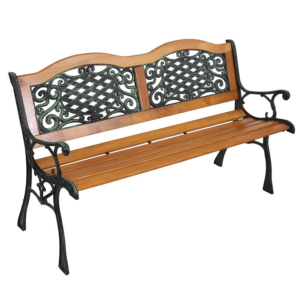 50 Inch Heavy Duty Metal Garden Bench - Outdoor Park Bench with Cast Iron Frame & Hardwood Seat for Patio, Yard, Deck, Lawn - Perfect for Relaxing, Picnics & Outdoor Gatherings