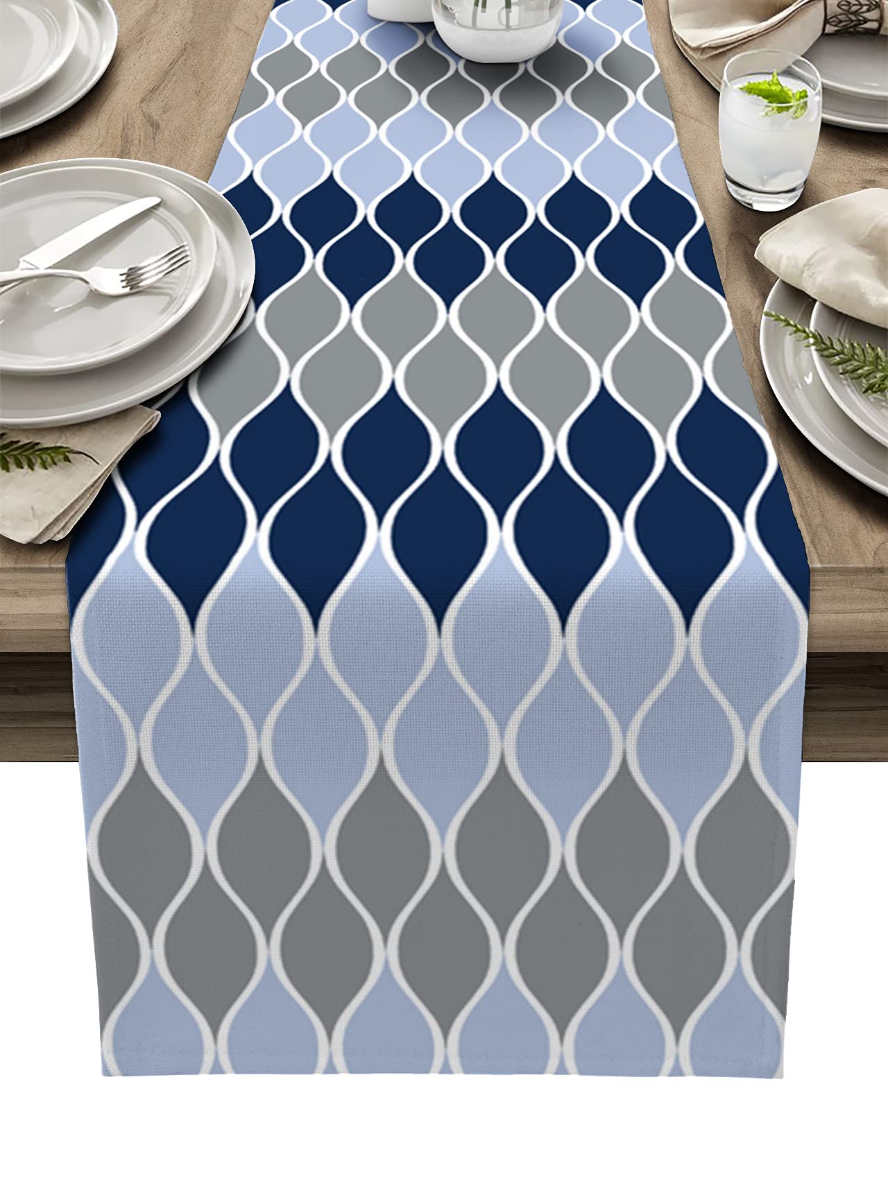 Prironde Navy Blue Gray Table Runner 36 Inches Long - Mid Century Geometric Stripes Kitchen Dining Table Runner for Farmhouse, Wedding, Graduation, Party - Perfect for Coffee Tables, Buffets, and Holiday Decor