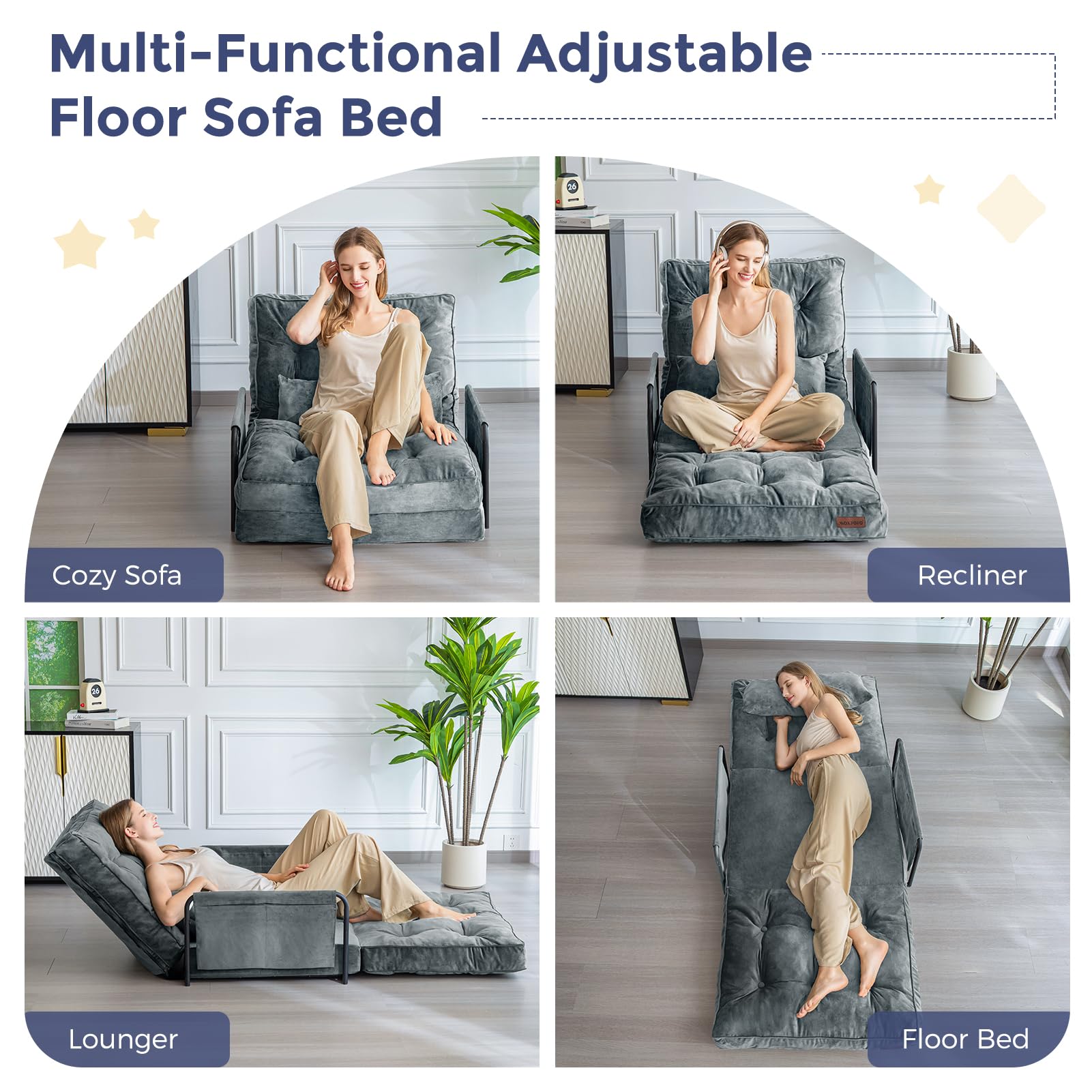 MAXYOYO Adjustable Floor Sofa Couch - Velvet Convertible Lazy Sofa Sleeper Bed with Pillow & Armrest, Single Size Dark Grey for Living Room, Bedroom & Small Spaces