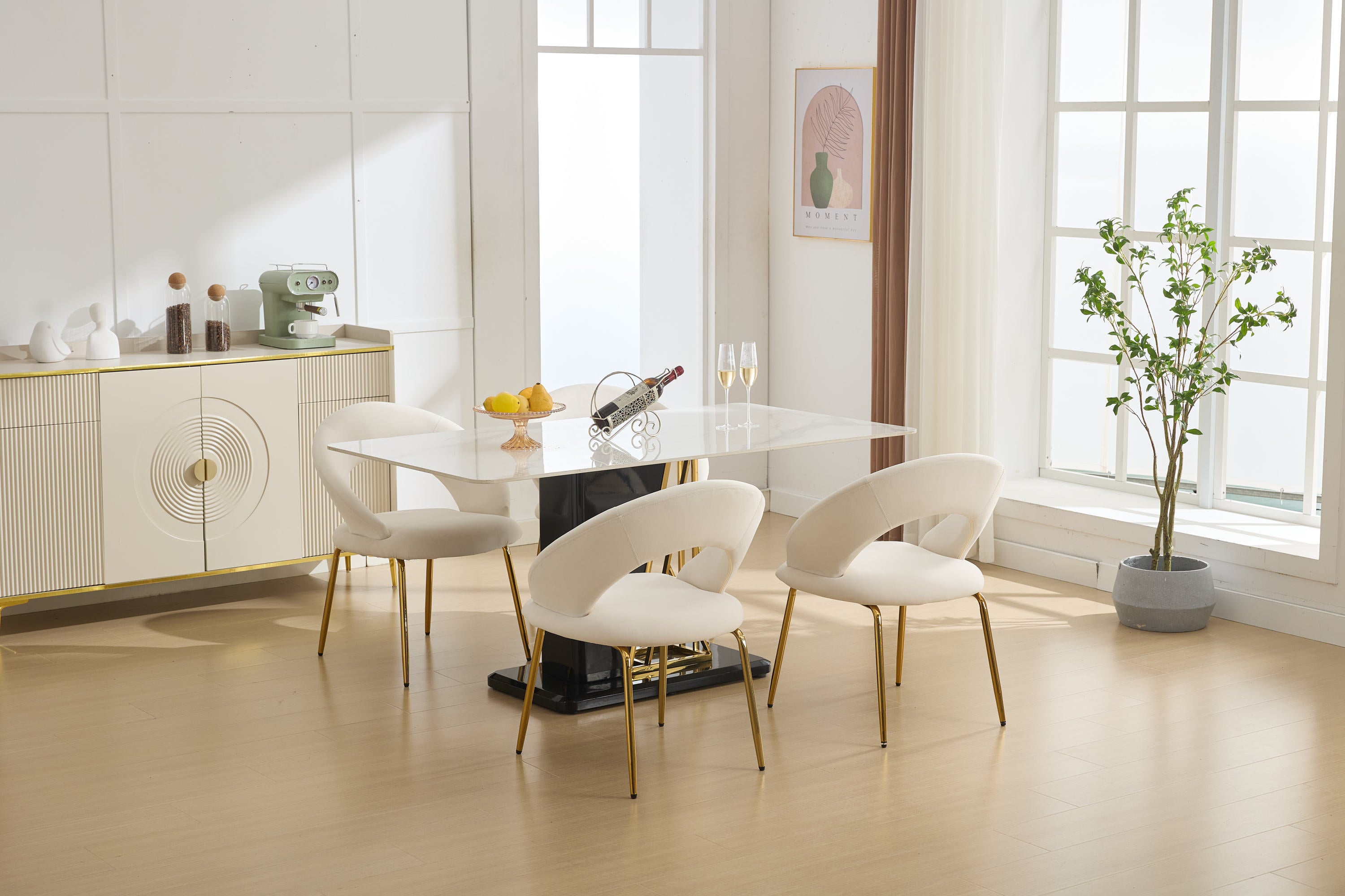 Velvet Dining Chairs Set of 1 - White Upholstered Kitchen Chairs with Curved Backrest & Gold Metal Legs for Dining Room, Restaurant or Home Decor