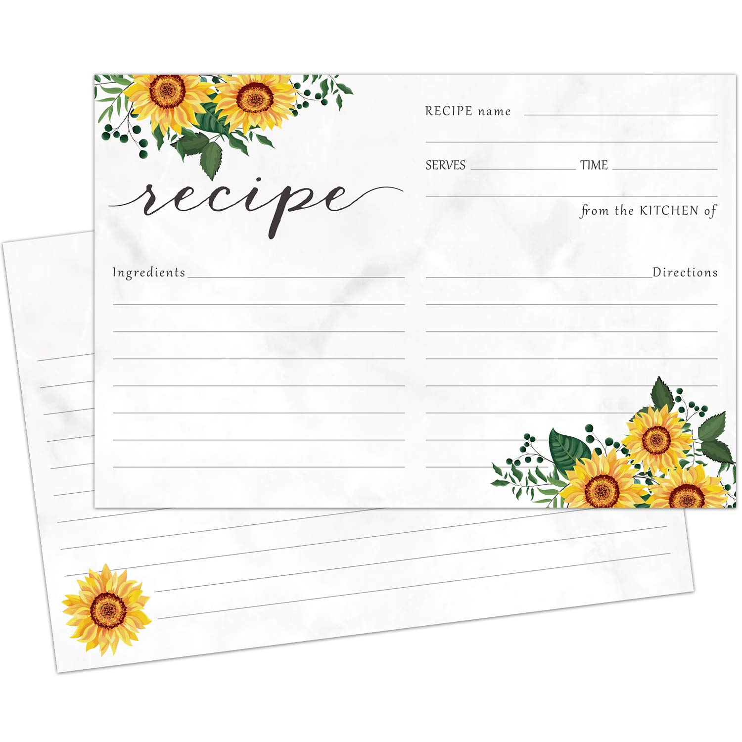 Sunflower Recipe Cards - Floral Double-Sided Kitchen Recipe Cards for Cooking & Baking - Perfect for Weddings, Bridal Showers & Home Organization (50-Pack)