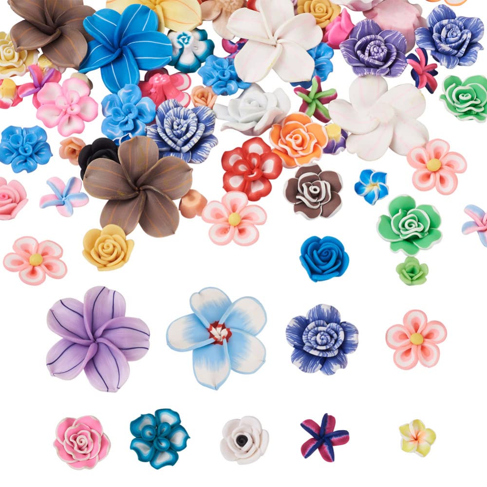 Cheriswelry 90pcs Handmade Polymer Clay Plumeria Beads - 3D Flower Spacer Beads in 9 Vibrant Colors (12-33mm) for DIY Jewelry Making, Earrings, Necklaces, Bracelets & Craft Projects