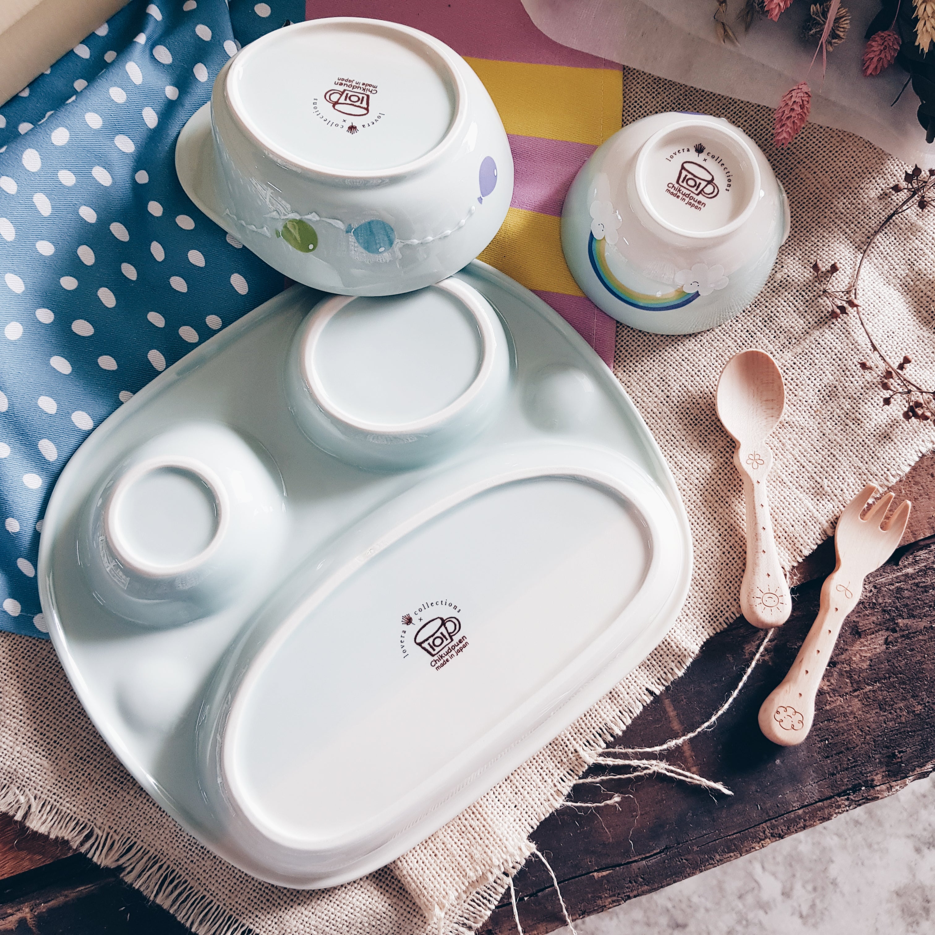 Chikudouen x Lovera Blue Balloon Kids Dinnerware Set - 4-Piece Children's Tableware Gift for Birthday & Holidays (Plates, Bowls, Cups & Utensils) - Perfect for Parties, Daily Meals & Special Occasions