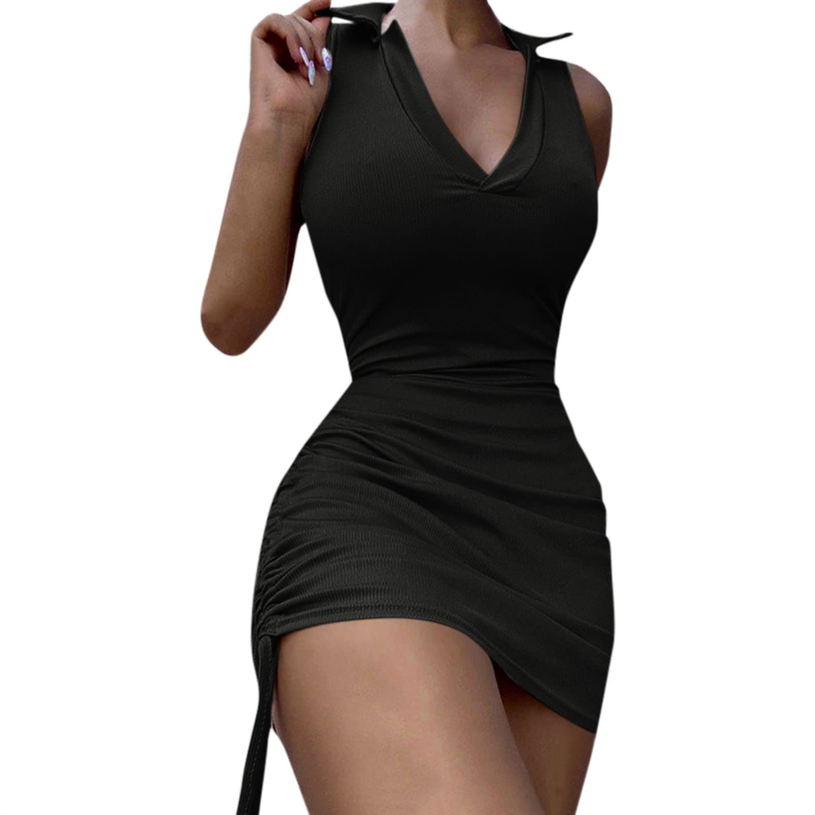 Elegant Mini Dress for Women - Plus Size V-Neck Sleeveless Slim Fit Drawstring Waist Summer Dress | Perfect for Beach Vacation, Date Night & Casual Outings
