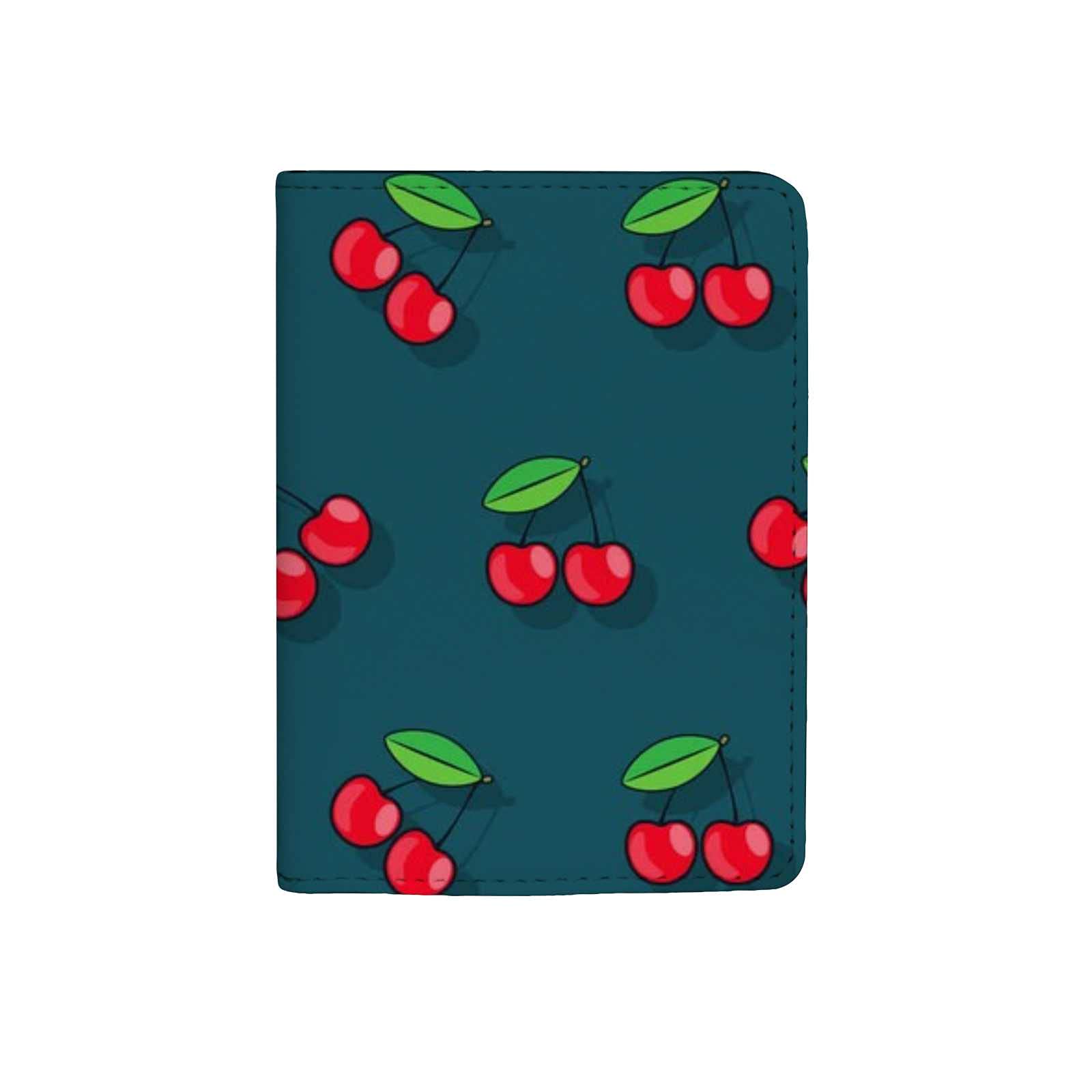 RFID Blocking PU Leather Passport Holder - Cute Cartoon Cherry Dark Green Travel Wallet with 3 Pockets for Men, Women & Kids | Slim Card Case Cover for Airplane, Cruise & International Travel