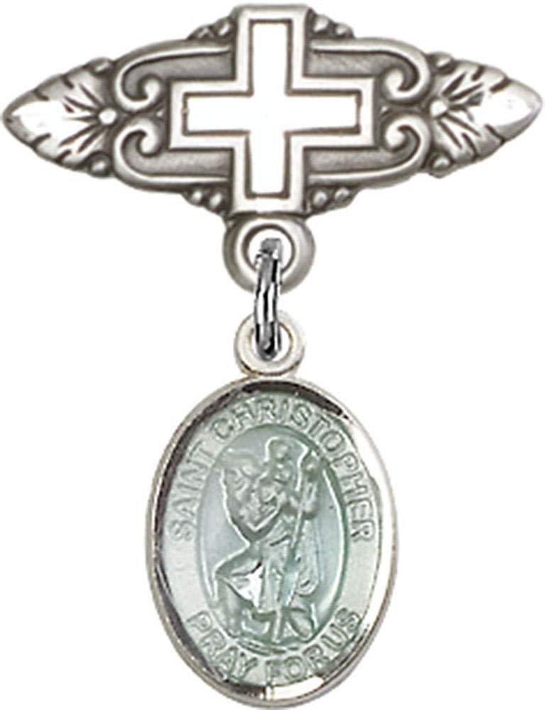 Sterling Silver Baby Badge with Blue St. Christopher Charm & Cross Badge Pin - Handmade in USA | Religious Jewelry for Christening, Baptism & Baby Blessing Gifts